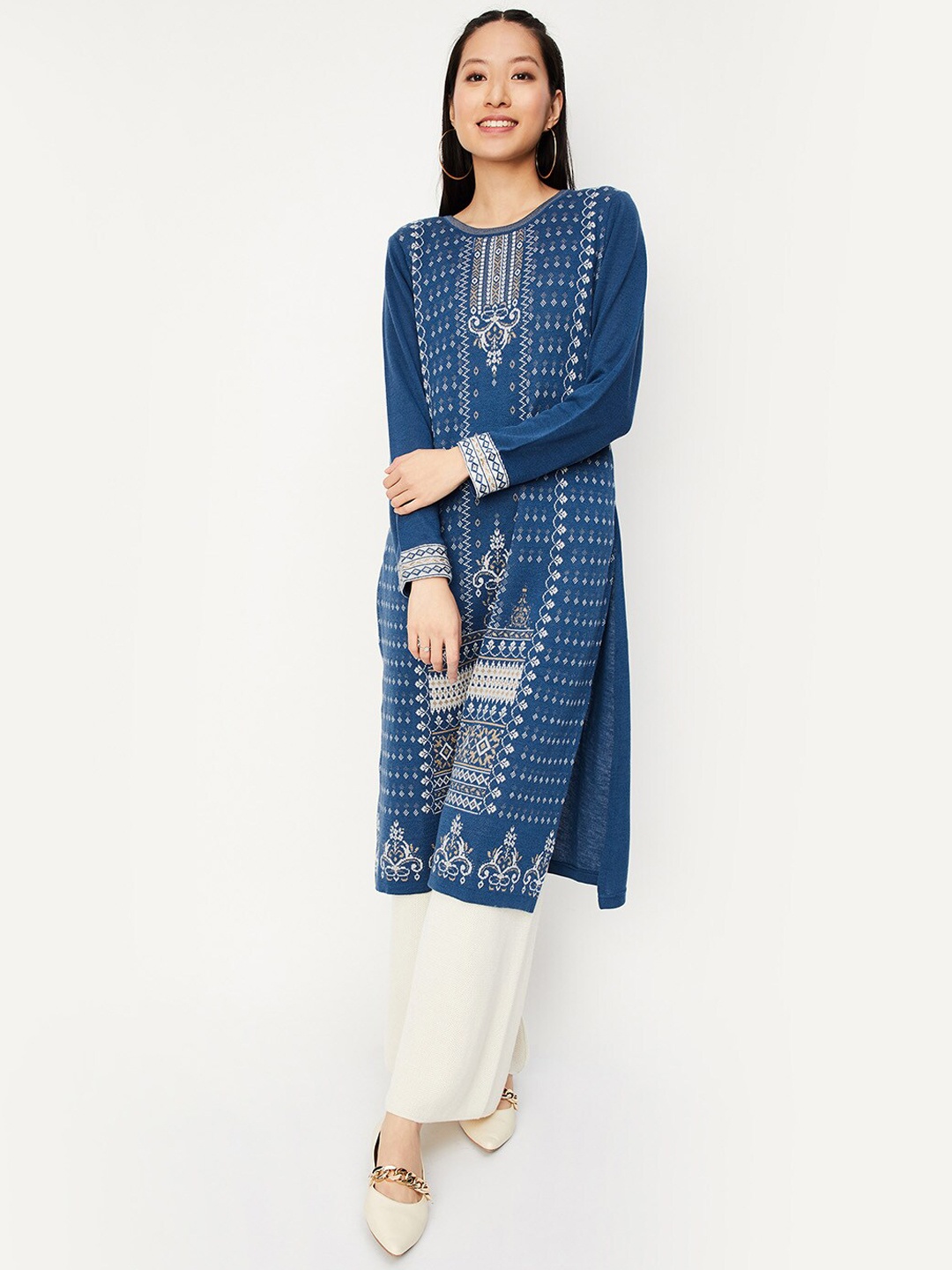 

max Ethnic Motifs Woven Design Long Sleeves Acrylic straight Kurta, Blue