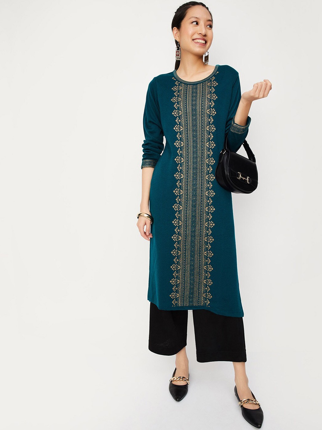 

max Geometric Woven Design Thread Work Jacquard Straight Kurta, Teal