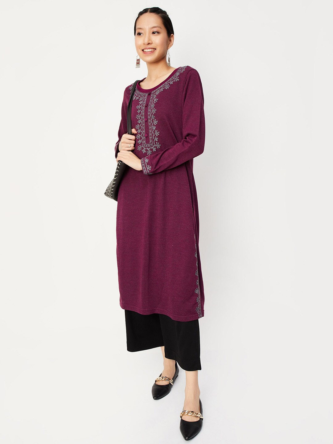 

max Floral Yoke Design Thread Work Straight Acrylic Kurta, Purple