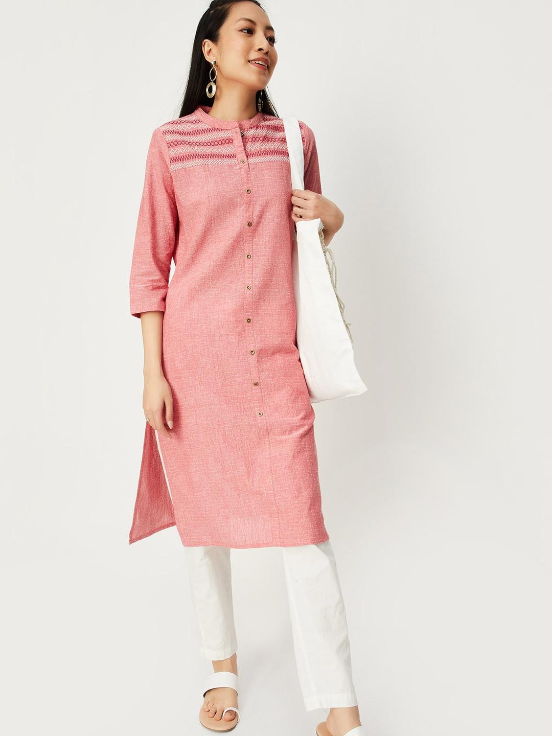 

max Ethnic Motifs Embroidered Band Collar Kurta, Pink