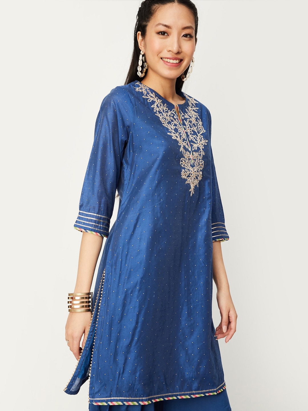 

max Floral Embroidered Gotta Patti Chanderi Cotton Kurta, Blue