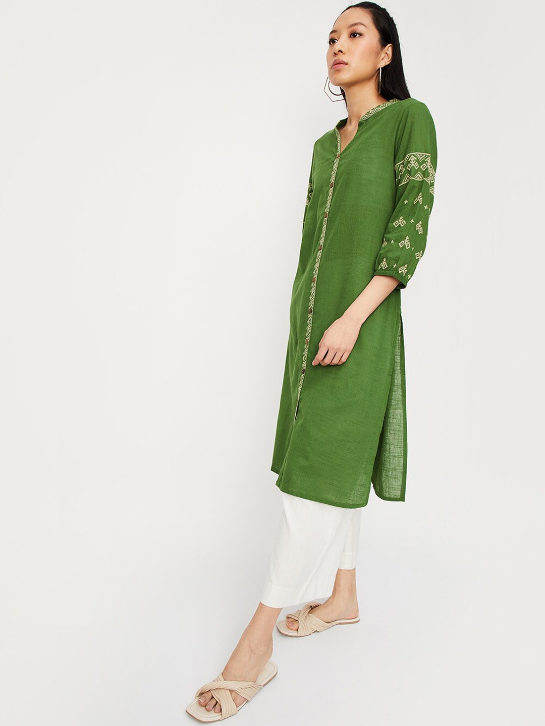 

max Mandarin Collar Thread Work Straight Kurta, Green