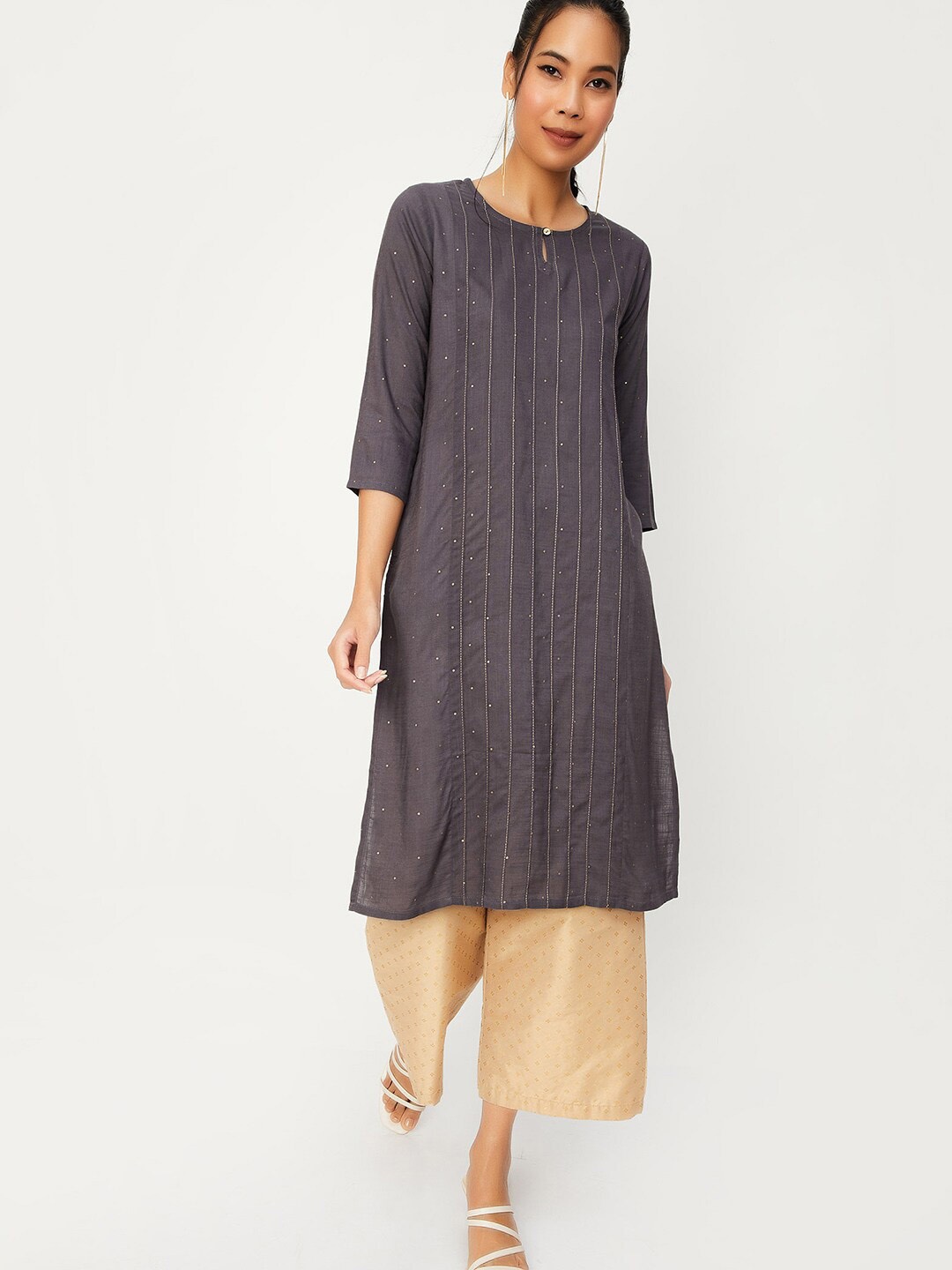 

max Polka Dots Printed Thread Work Keyhole Neck Kurta, Grey