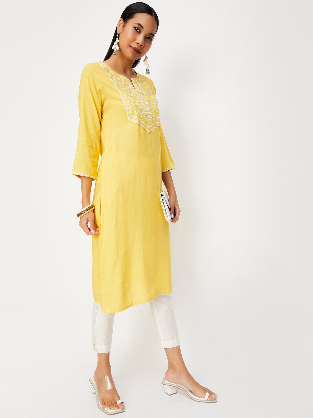 

max Ethnic Motifs Yoke Design Straight Kurta, Yellow