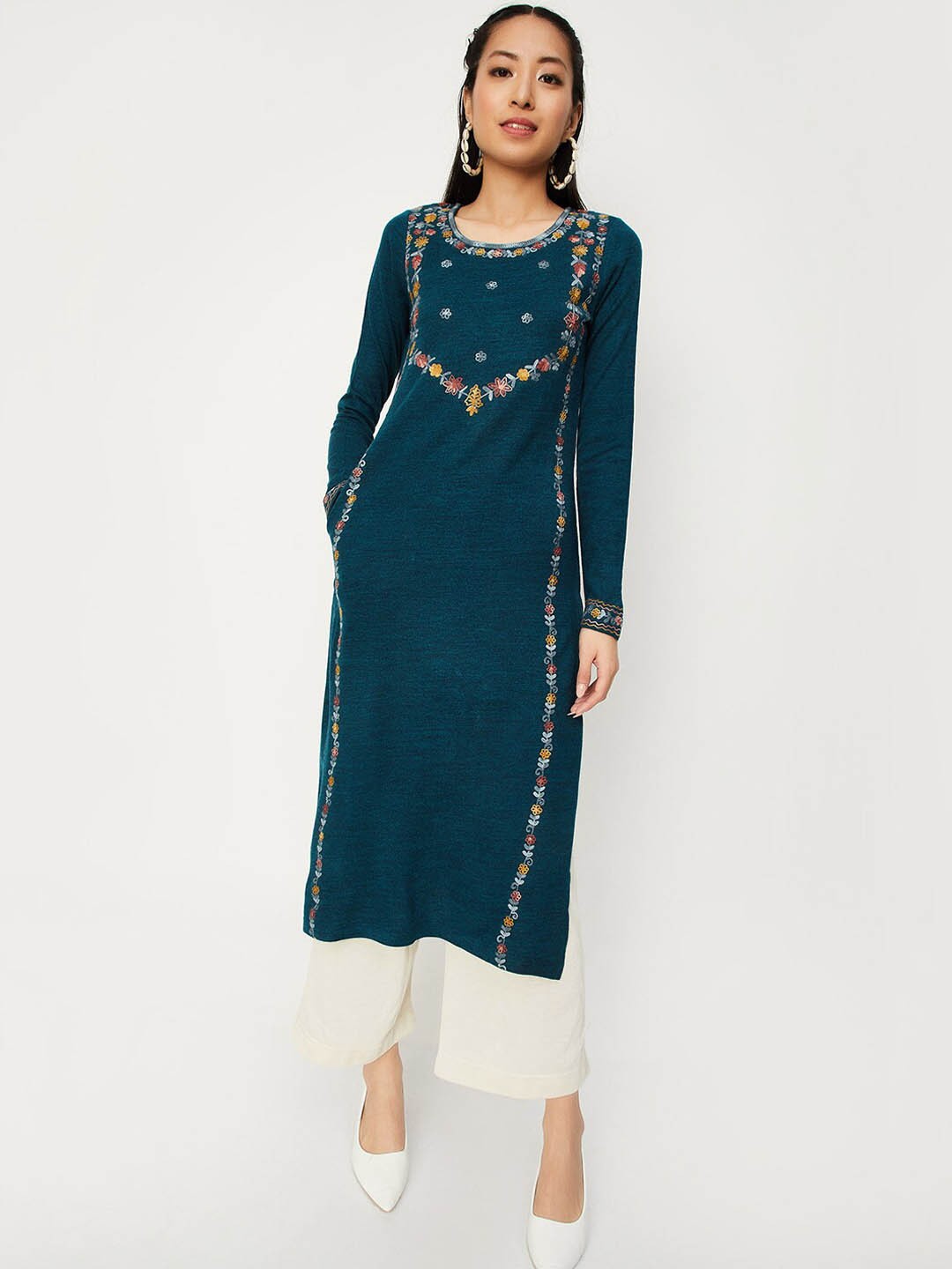 

max Floral Embroidered Round Neck Regular Acrylic Kurta, Teal