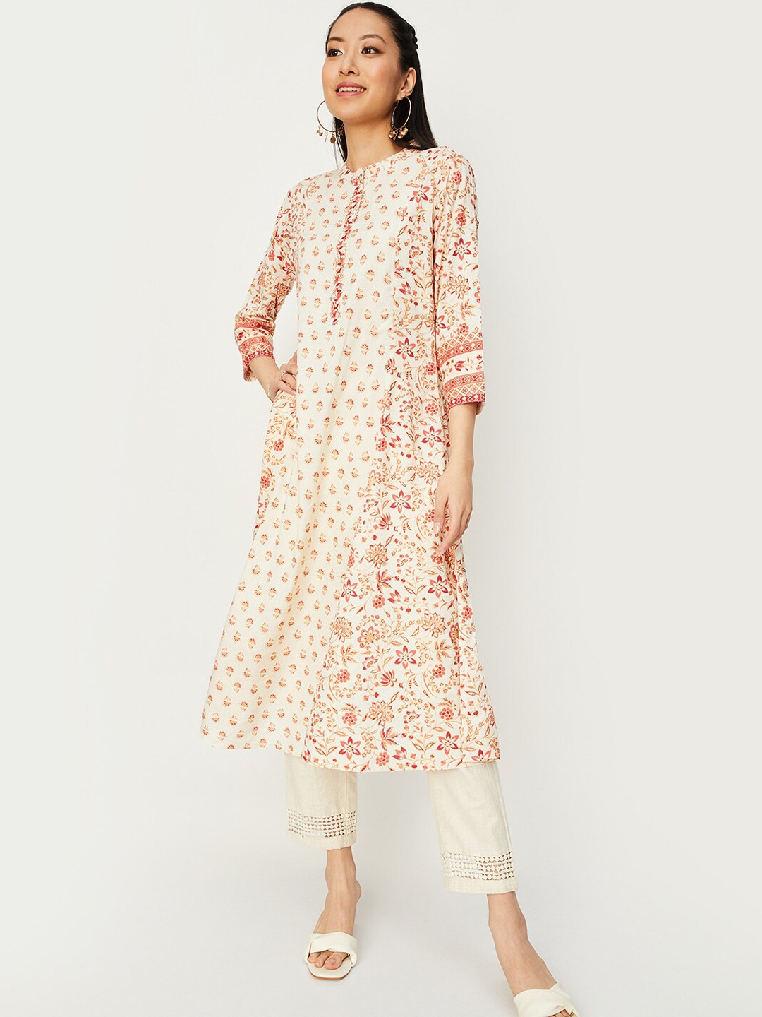 

max Floral Printed Band Collar A-Line Kurta, Off white
