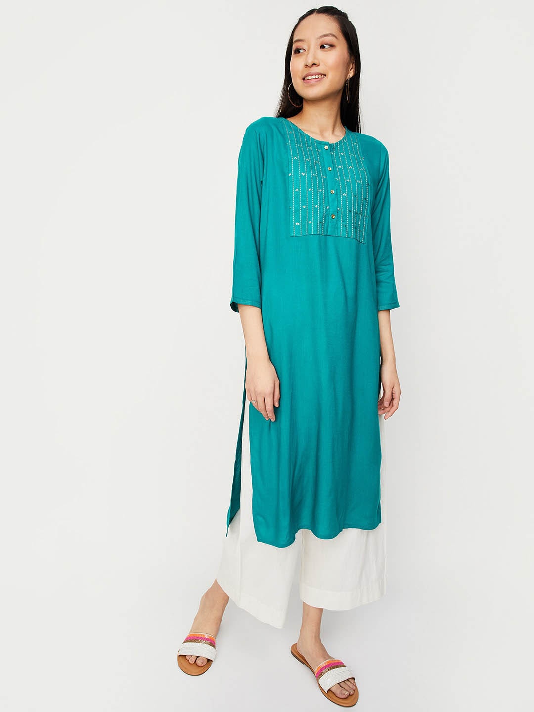 

max Striped Yoke Design Sequinned Kurta, Blue