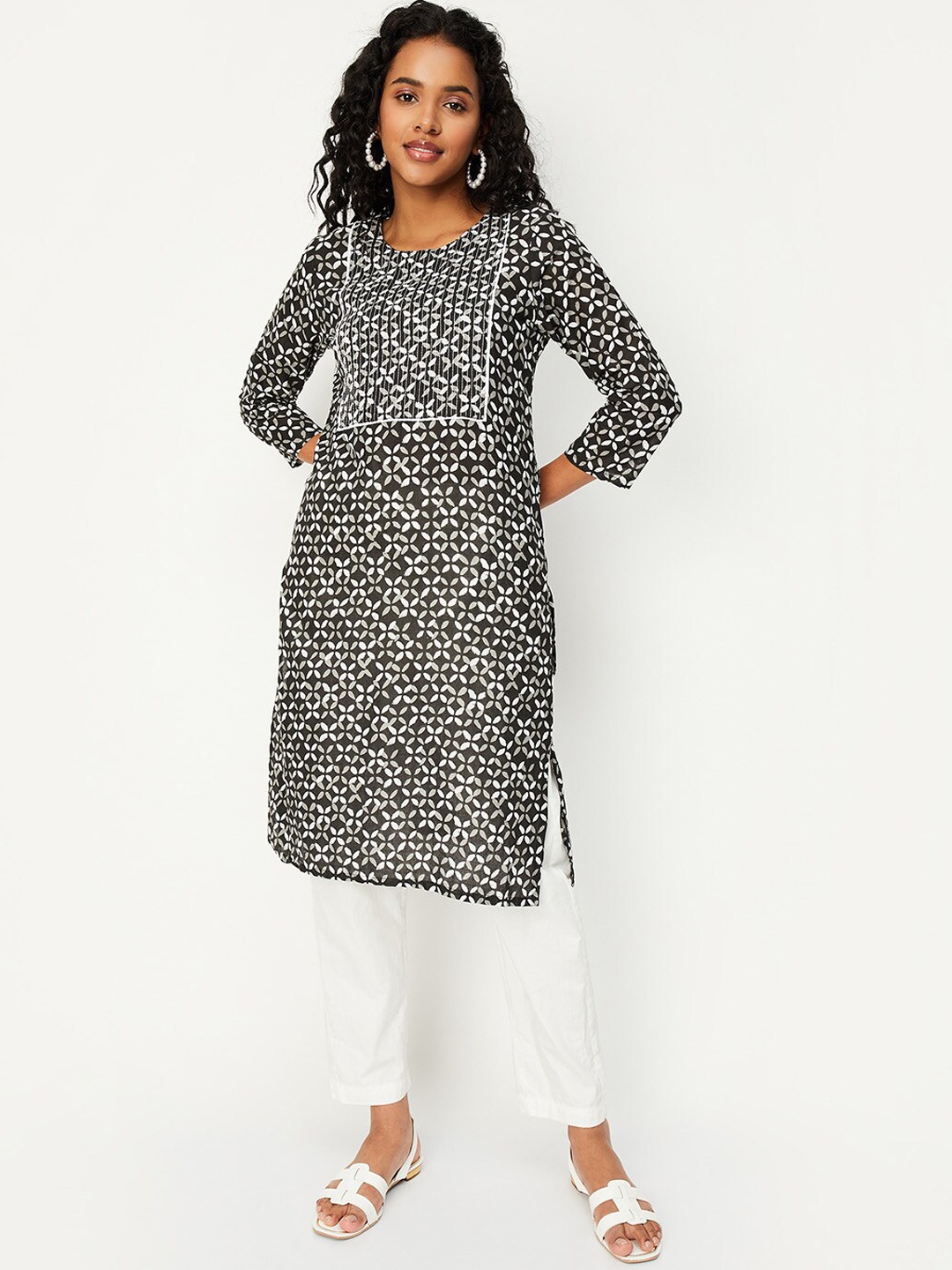 

max Ethnic Motif Printed Straight Kurta, Charcoal