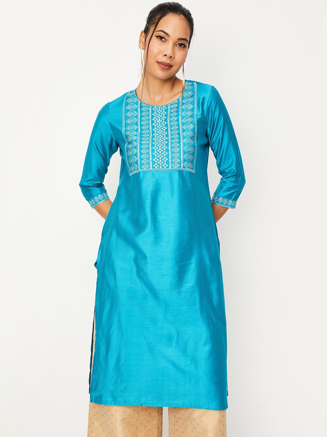 

max Ethnic Motifs Embroidered Thread Work Straight Kurta, Blue