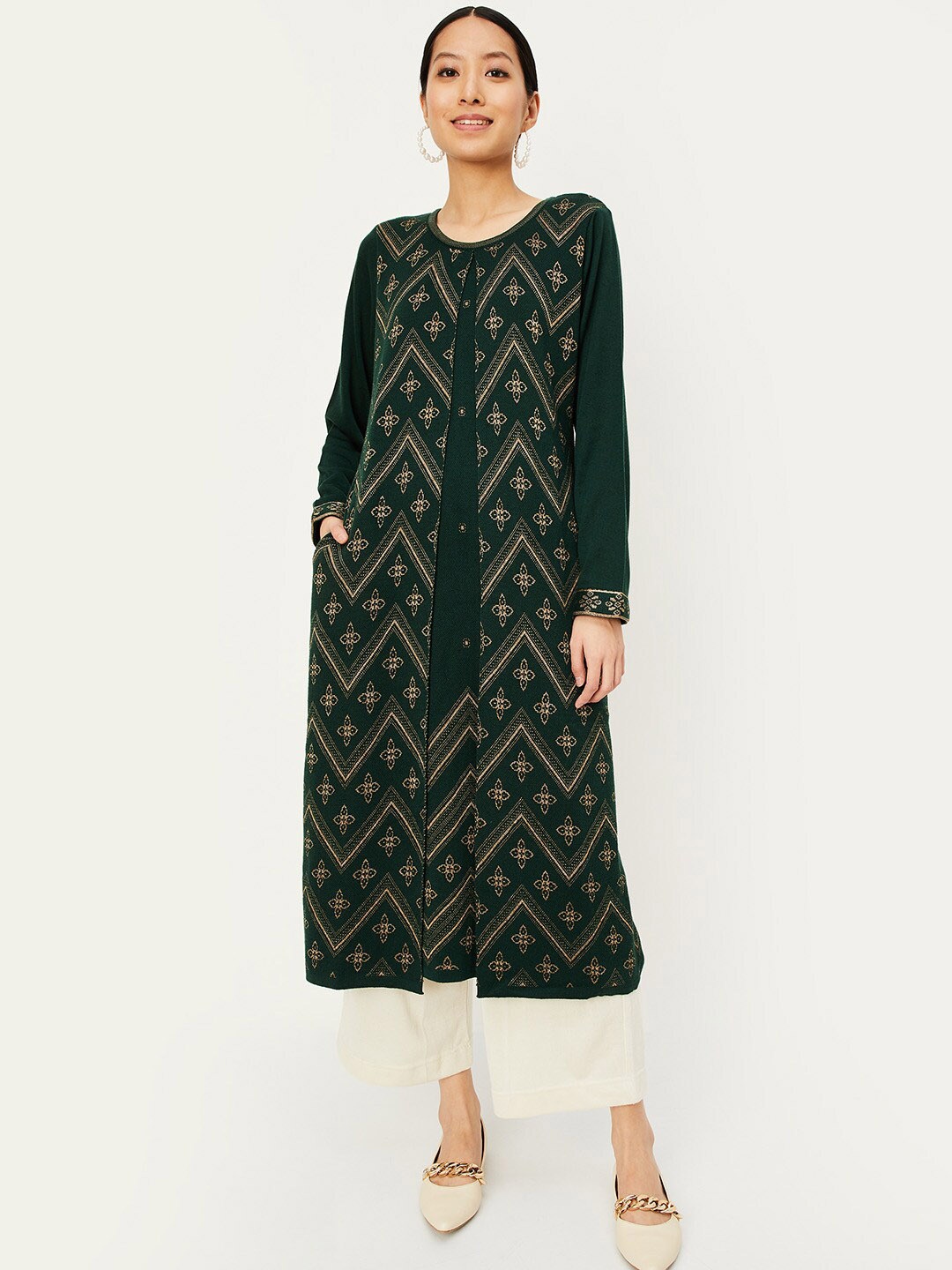 

max Floral Woven Design Acrylic Straight Kurta, Green