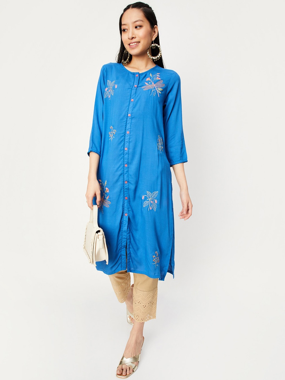 

max Floral Embroidered Thread Work Straight Kurta, Blue