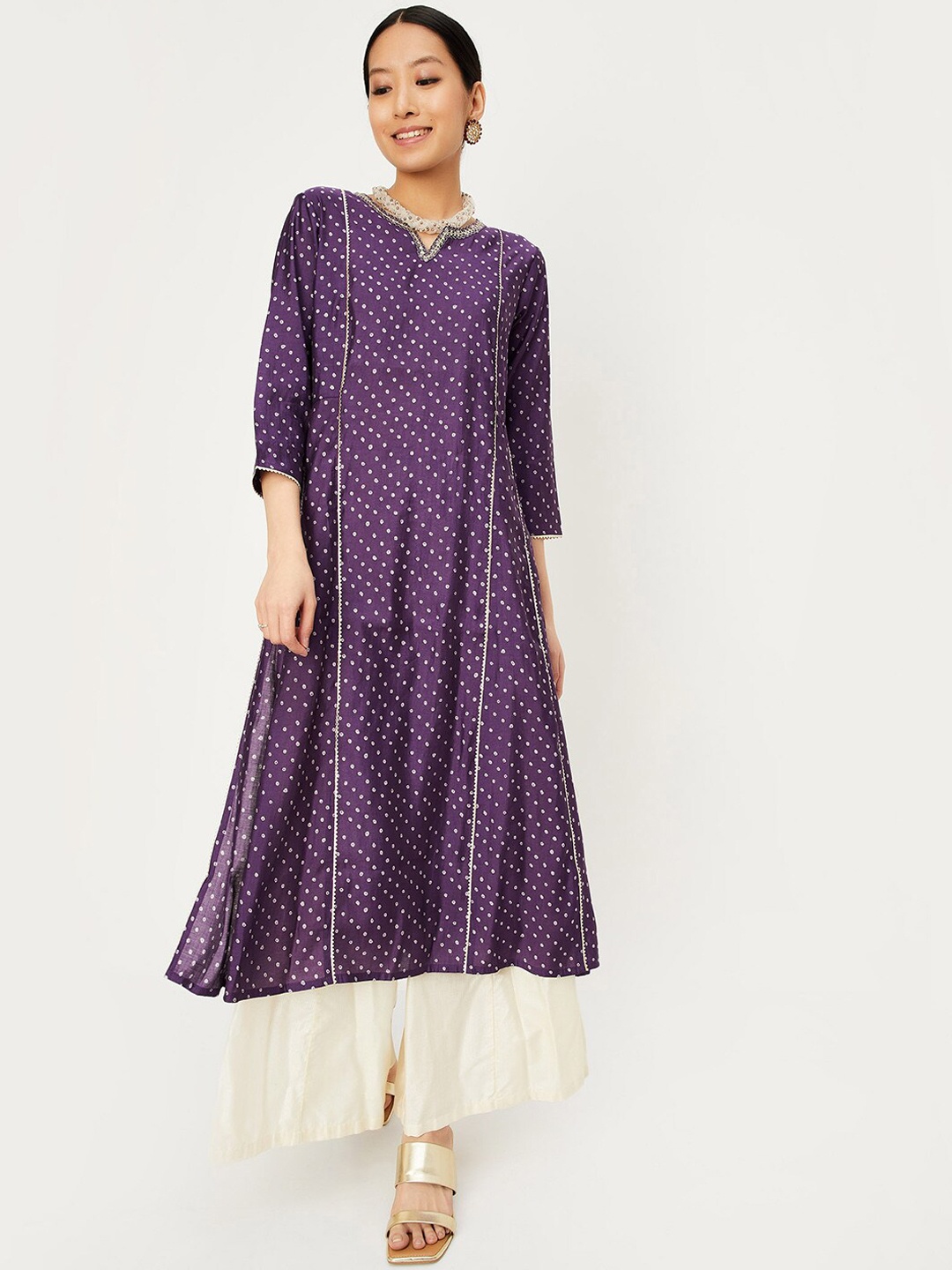 

max Geometric Printed Anarkali Chanderi Cotton Kurta, Purple