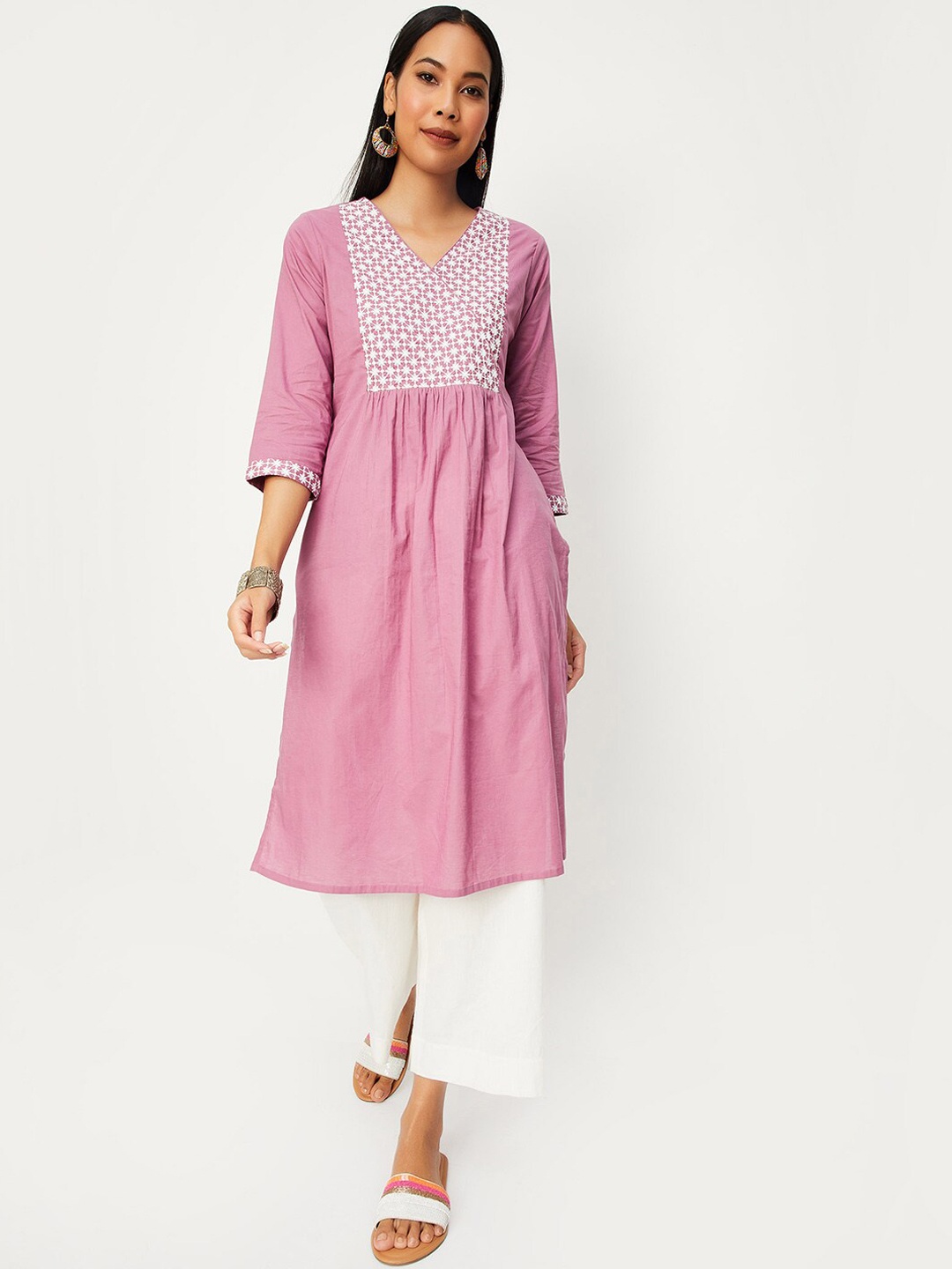 

max Floral Sequinned Yoke Design Round Neck Cotton Angrakha Kurta, Purple