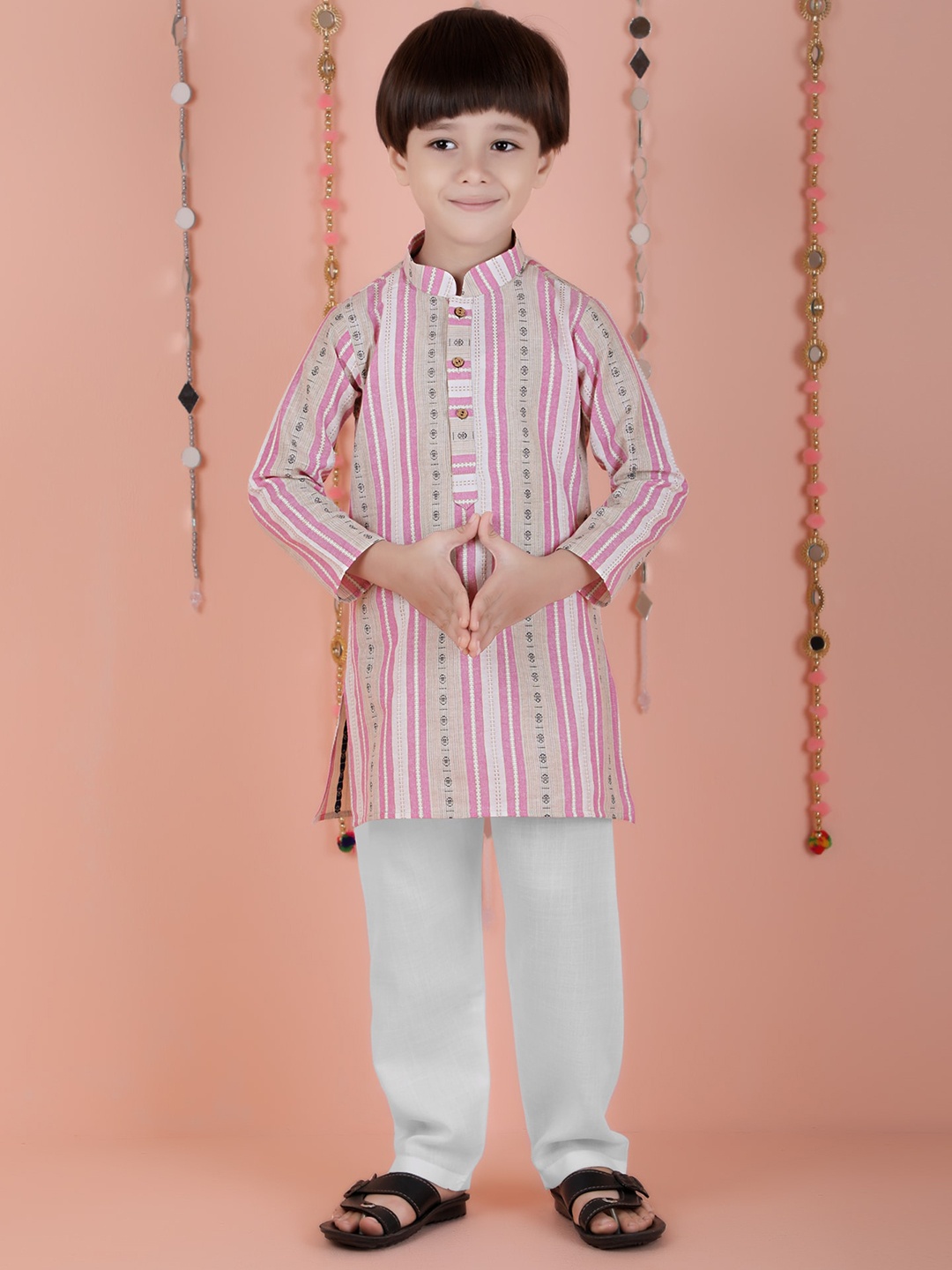 

KIDS FARM Boys Striped Mandarin Collar Long Sleeve Regular Pure Cotton Kurta With Pyjama, Pink