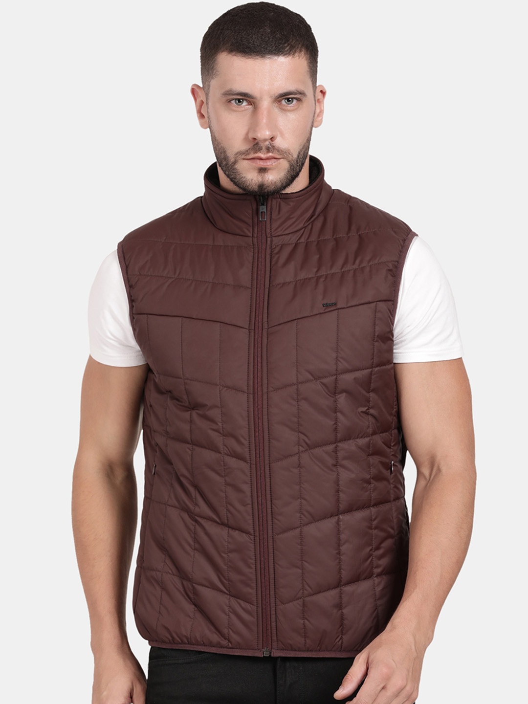 

t-base Mock Collar Windcheater Sleeveless Padded Jacket, Brown