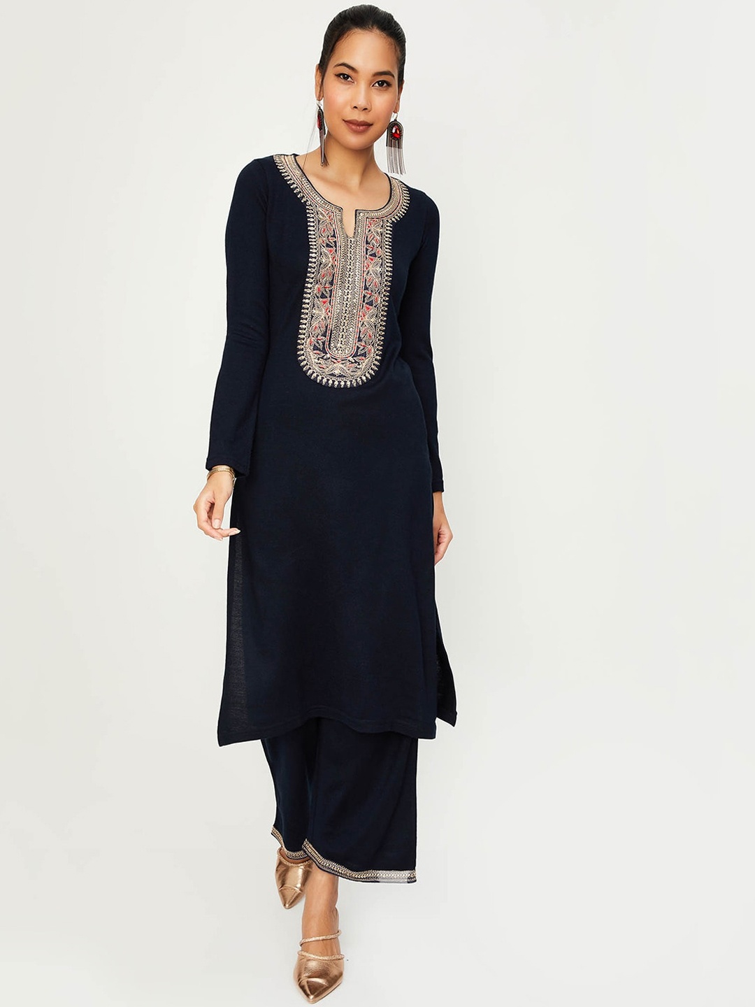 

max Ethnic Motifs Yoke Design Sequinned Acrylic Kurta With Trousers, Navy blue