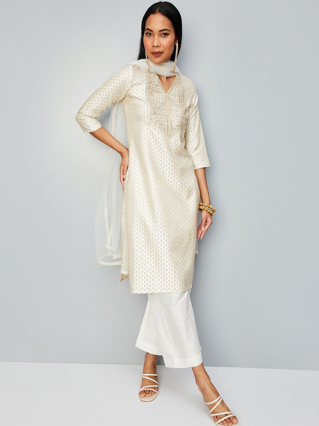 

max Ethnic Motifs Printed Sequinned Kurta With Trousers & Dupatta, Off white