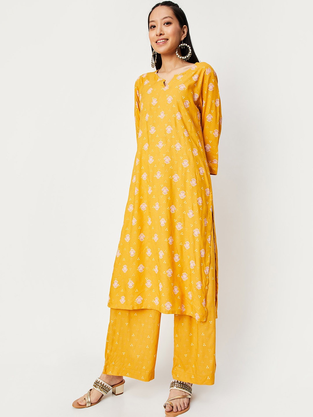 

max Ethnic Motifs Printed Straight Kurta With Palazzo, Yellow