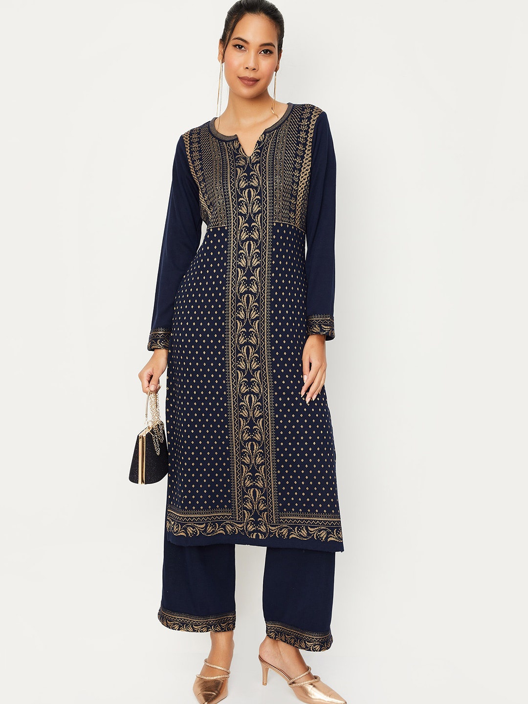 

max Ethnic Motifs Yoke Design Knitted Kurta with Palazzos, Navy blue