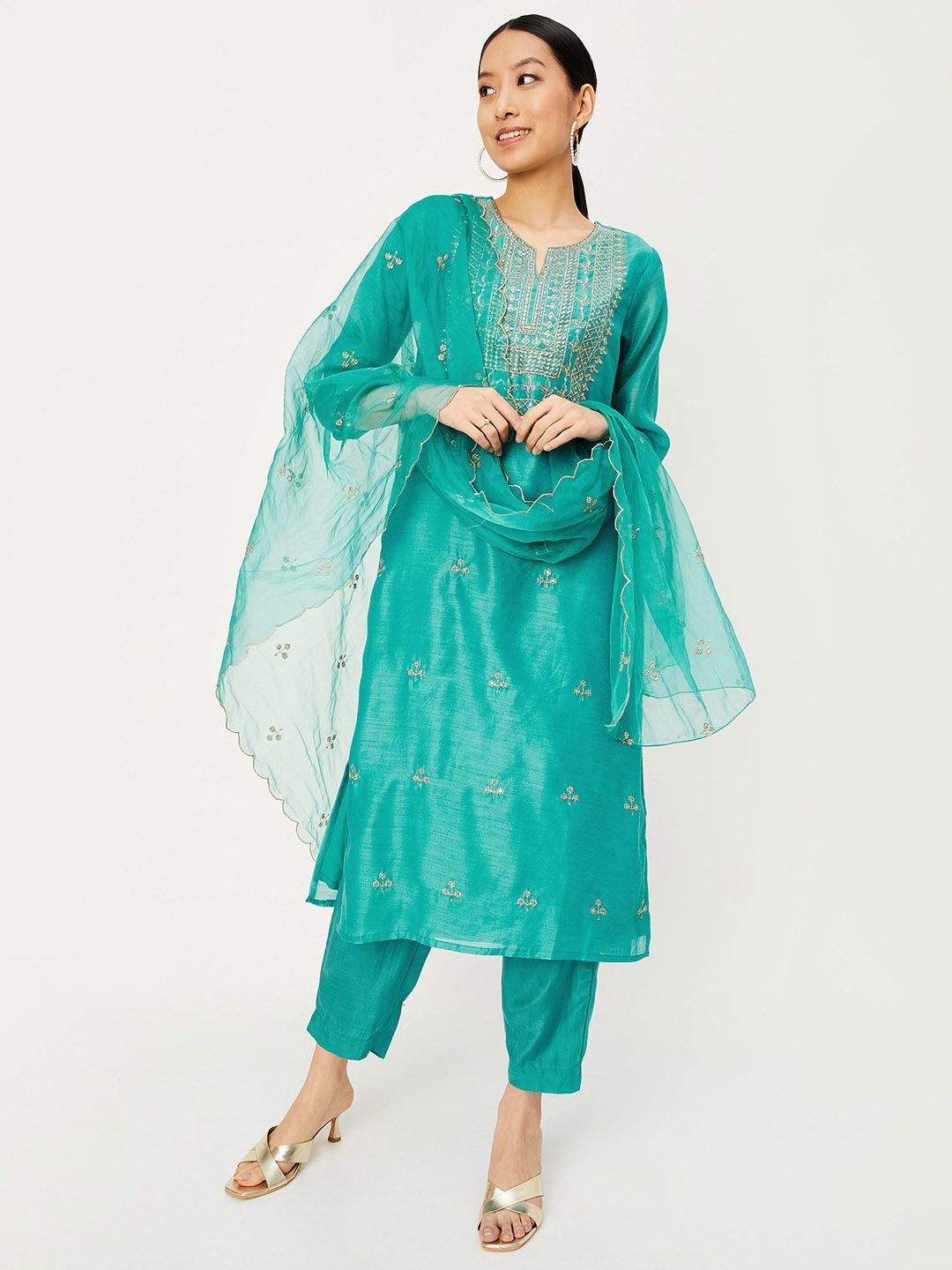 

max Ethnic Motifs Embroidered Chanderi Silk Straight Kurta with Trousers & Dupatta, Blue