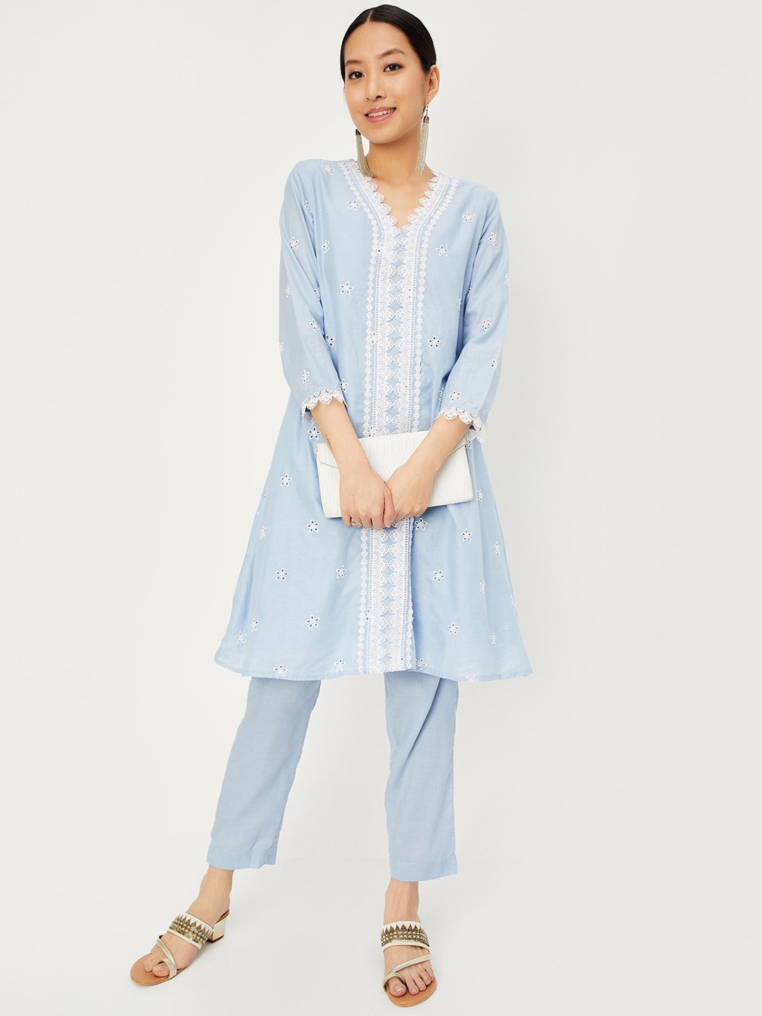 

max Embroidered V-Neck Cambric Cotton A-Line Kurta with Trousers, Blue