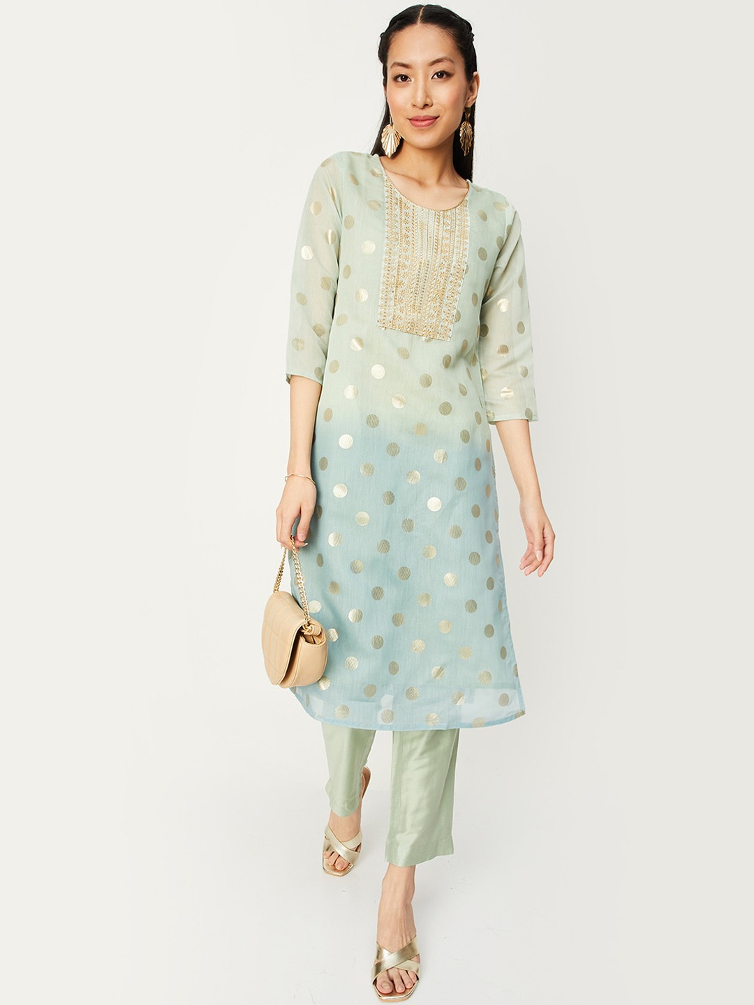 

max Polka Dots Woven Design Sequinned Chanderi Silk Kurta with Trousers, Green