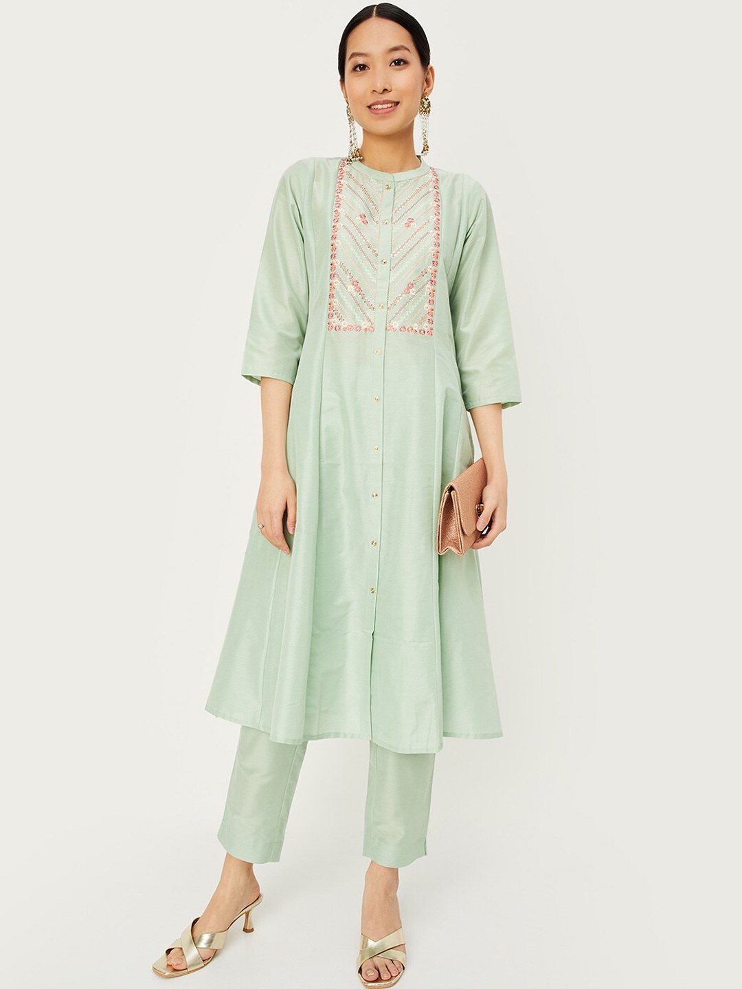 

max Embroidered Yoke Design A-Line Kurta with Trousers, Sea green