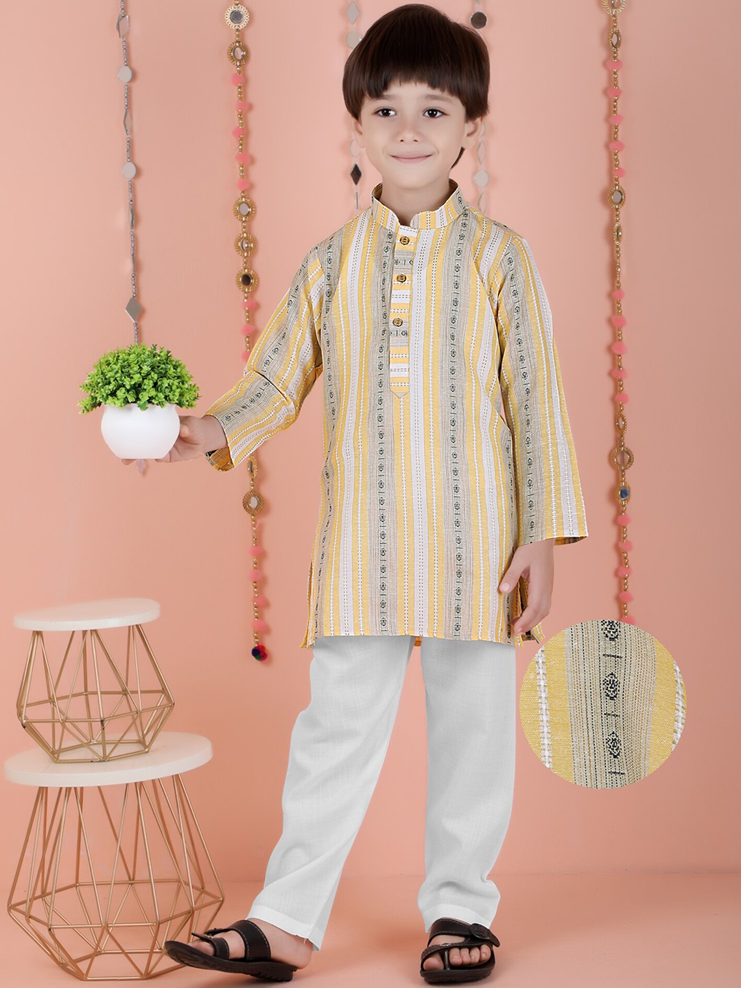 

KIDS FARM Boys Striped Mandarin Collar Pure Cotton Kurta with Pyjamas, Yellow