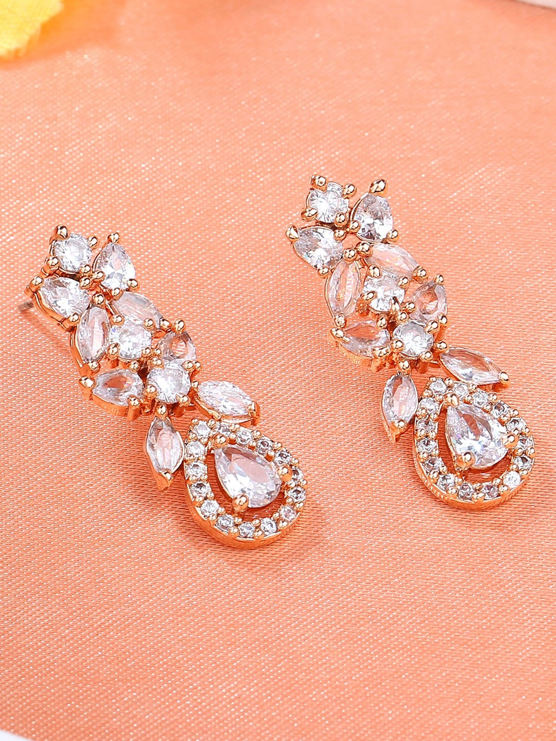 

Estele Rose Gold-Plated CZ Studded Contemporary Drop Earrings