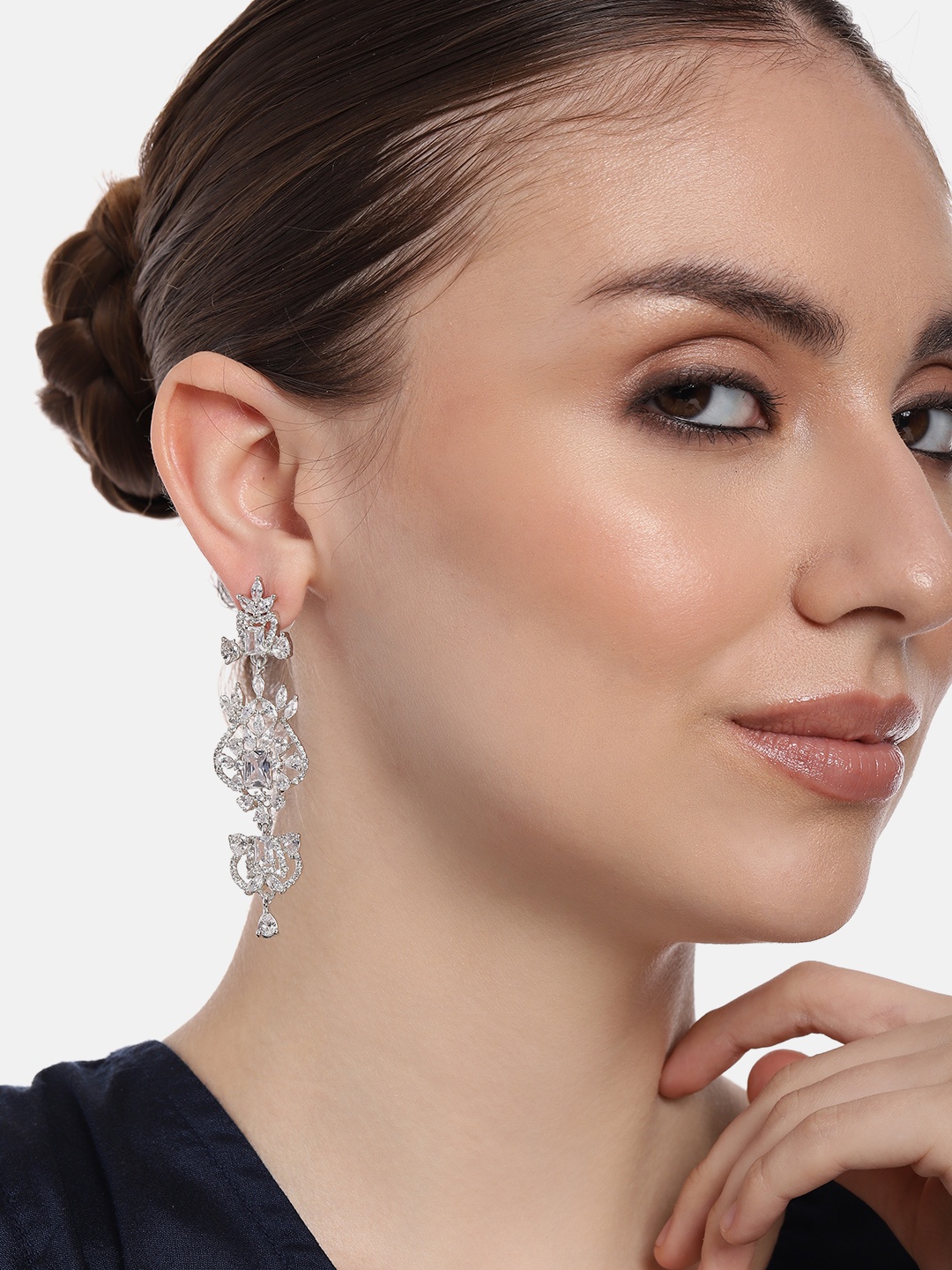 

Estele Silver-Plated Contemporary CZ Studded Drop Earrings