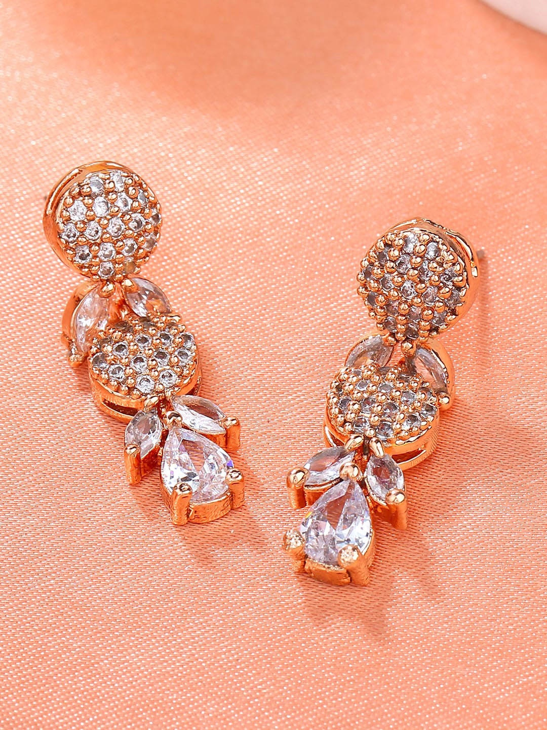 

Estele Rose Gold-Plated Cubic Zirconia Studded Contemporary Drop Earrings