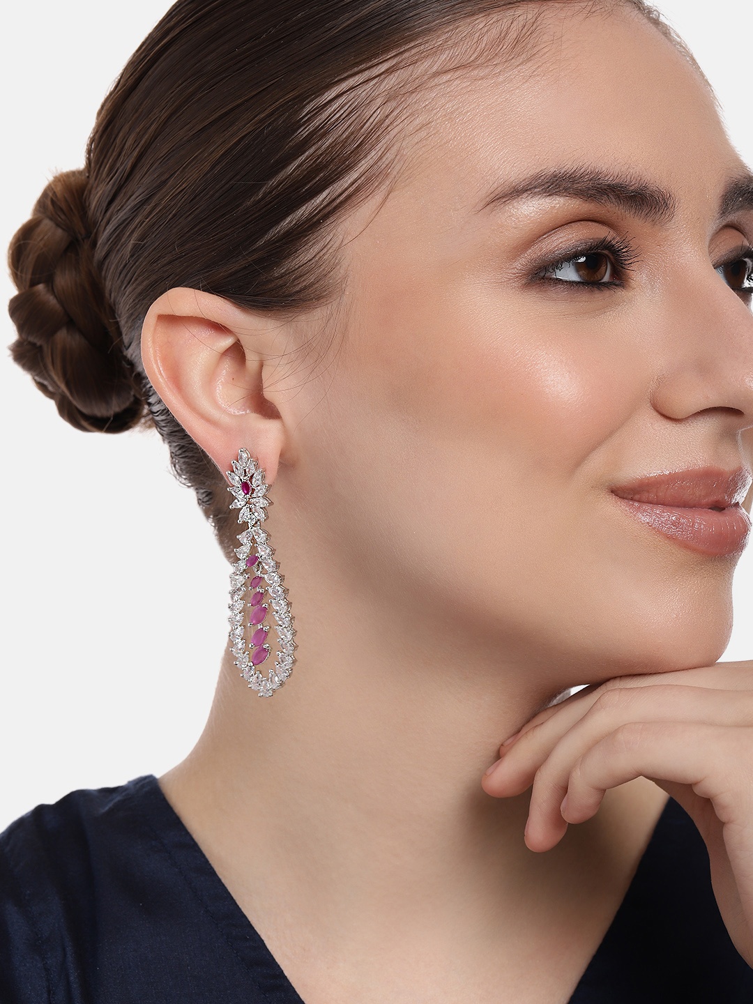 

Estele Rhodium-Plated Cubic Zirconia Stone-Studded Contemporary Brass Drop Earrings, Silver