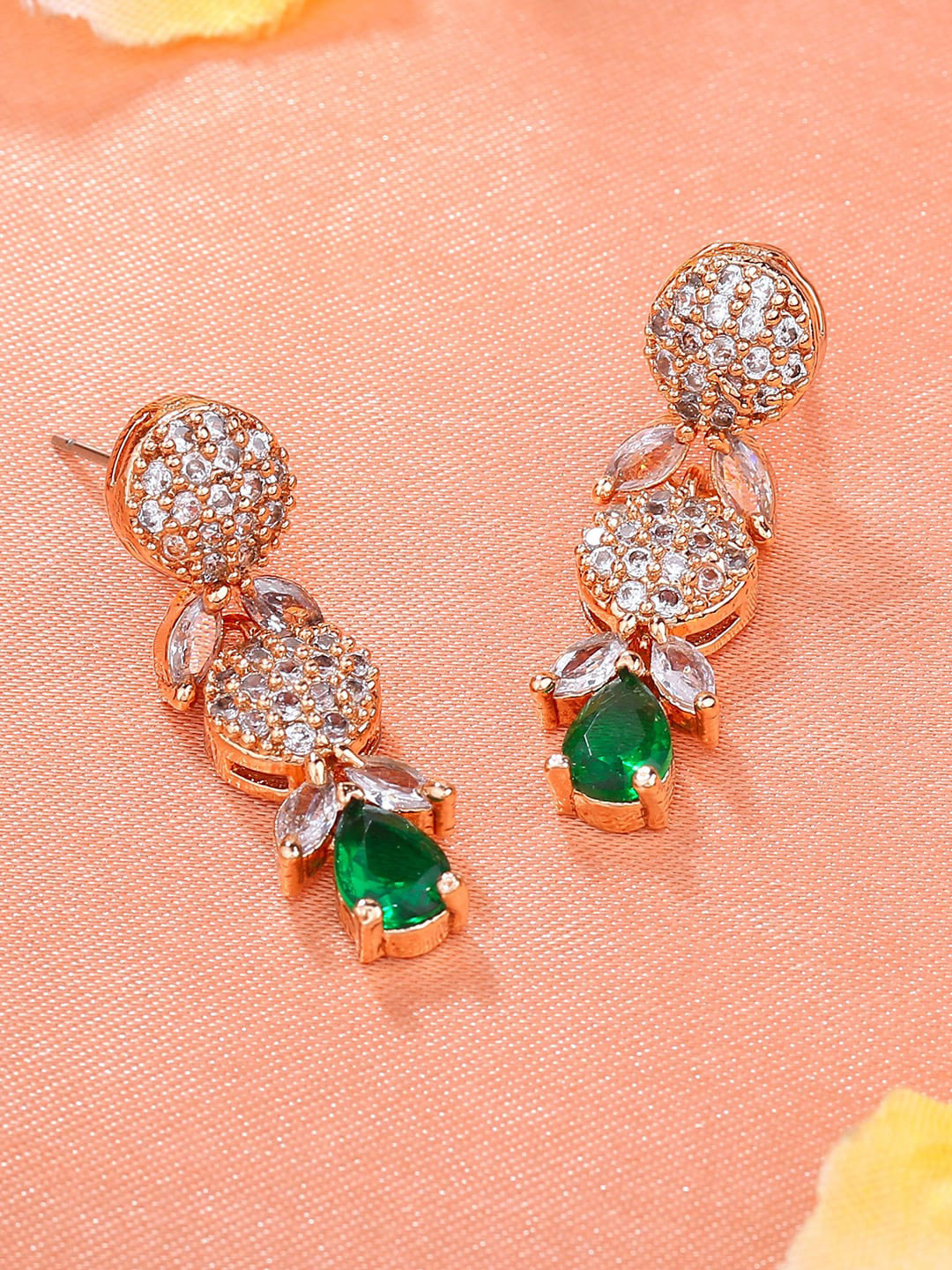 

Estele Rose Gold-Plated Cubic Zirconia Stone-Studded Contemporary Brass Drop Earrings