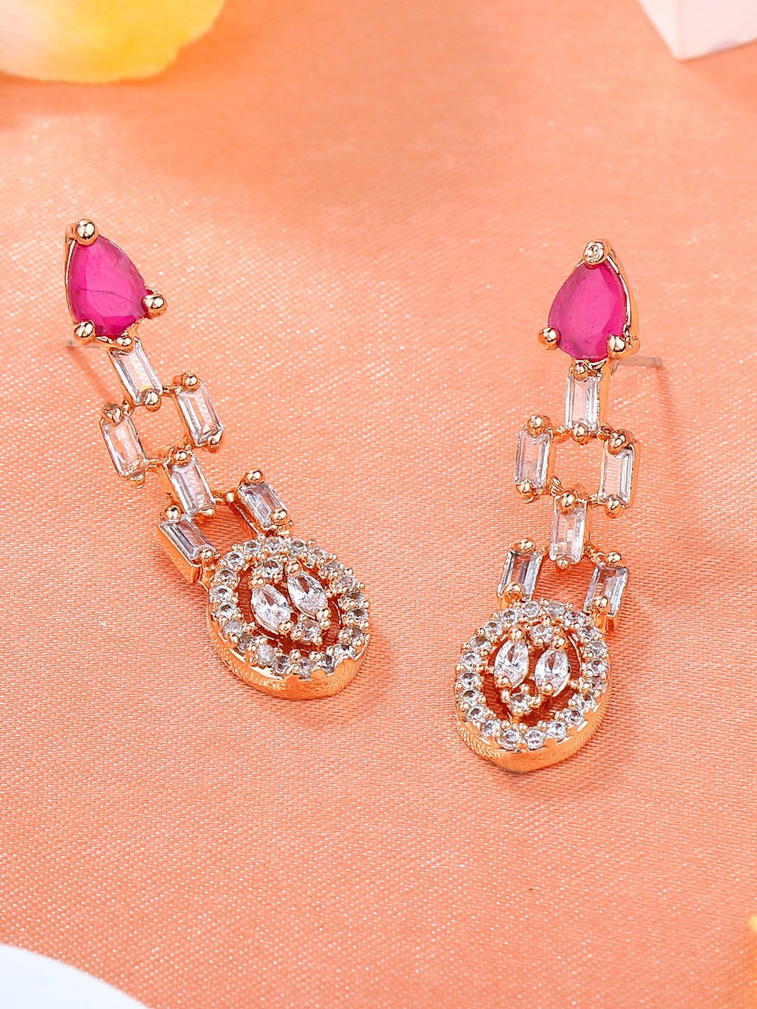 

Estele Rose Gold-Plated CZ Studded Contemporary Drop Earrings
