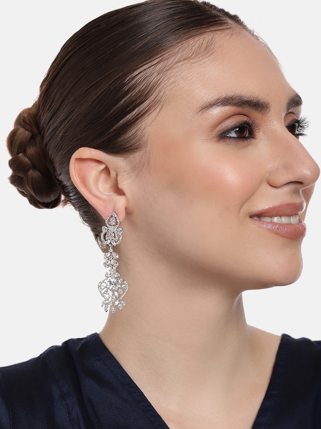 

Estele Rhodium-Plated Cubic Zirconia Contemporary Drop Earrings, Silver