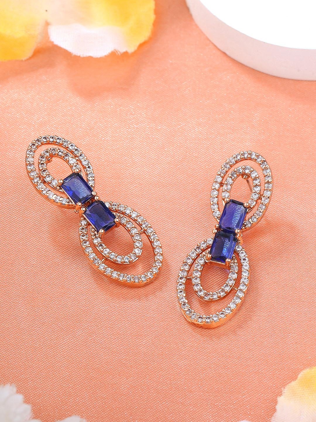 

Estele Rose Gold-Plated CZ Studded Contemporary Drop Earrings