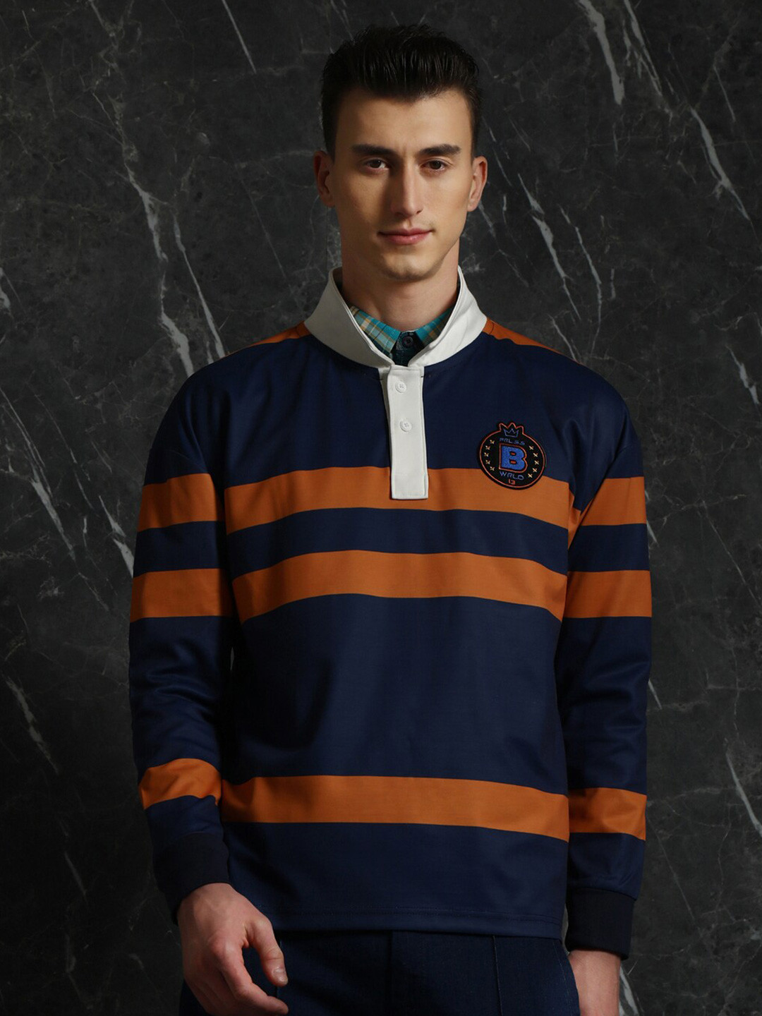 

Breakbounce Navy Blue Striped Polo Collar Cotton Oversized T-shirt