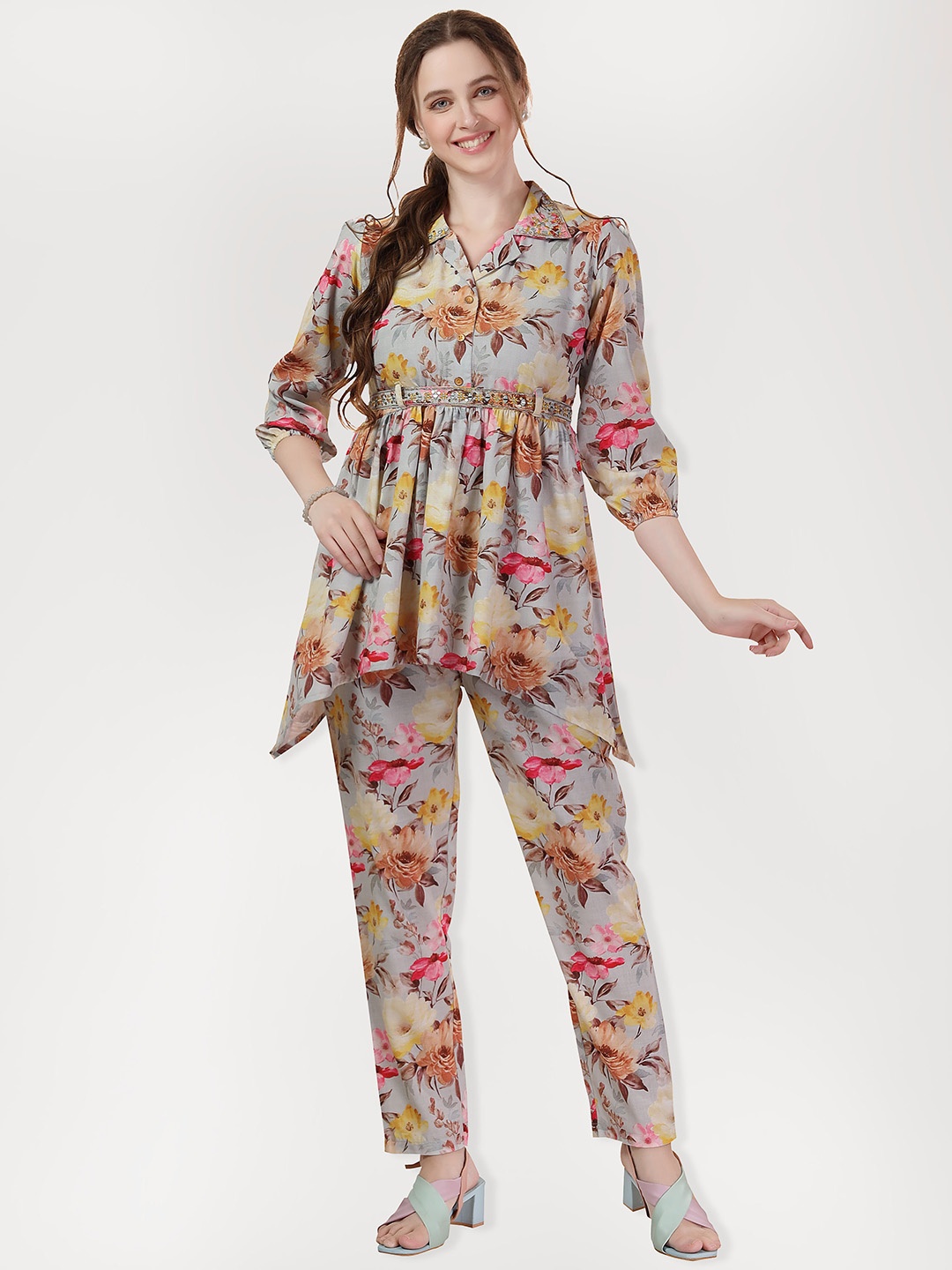 keshubaba Floral Printed Shirt Collar Anarkali Kurta With Trousers, Grey