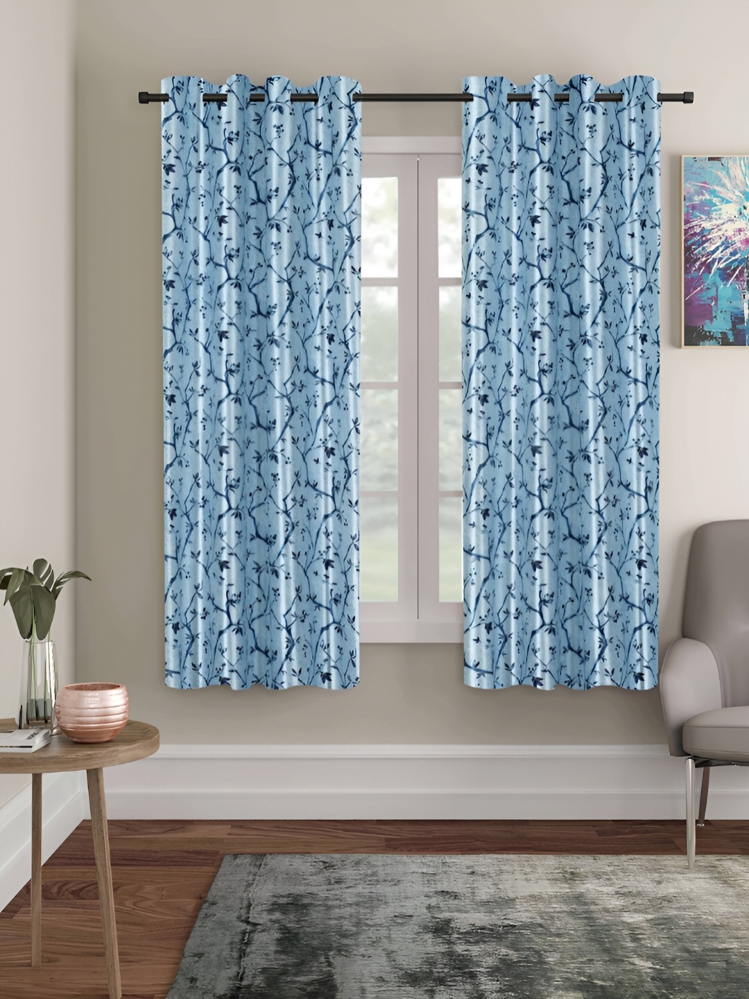 

ERIC LONDON Turquoise Blue 2 Pieces Floral Polyester Room Darkening Window Curtains