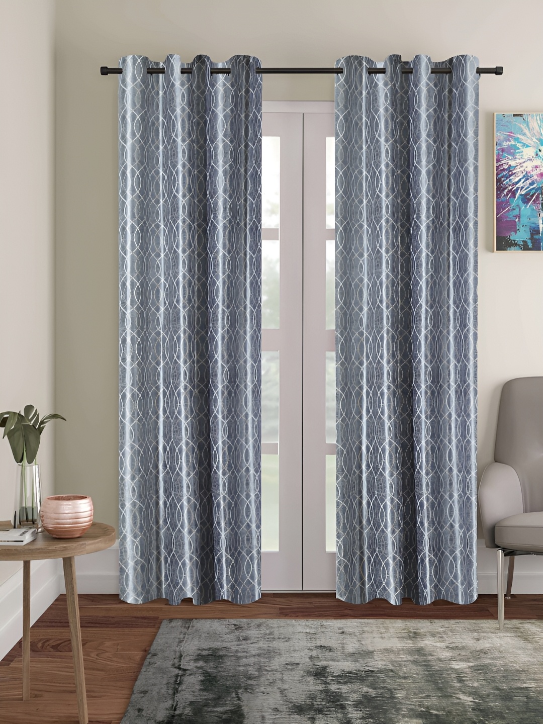 

ERIC LONDON Grey & White 2 Pieces Printed Polyester Room Darkening Long Door Curtains