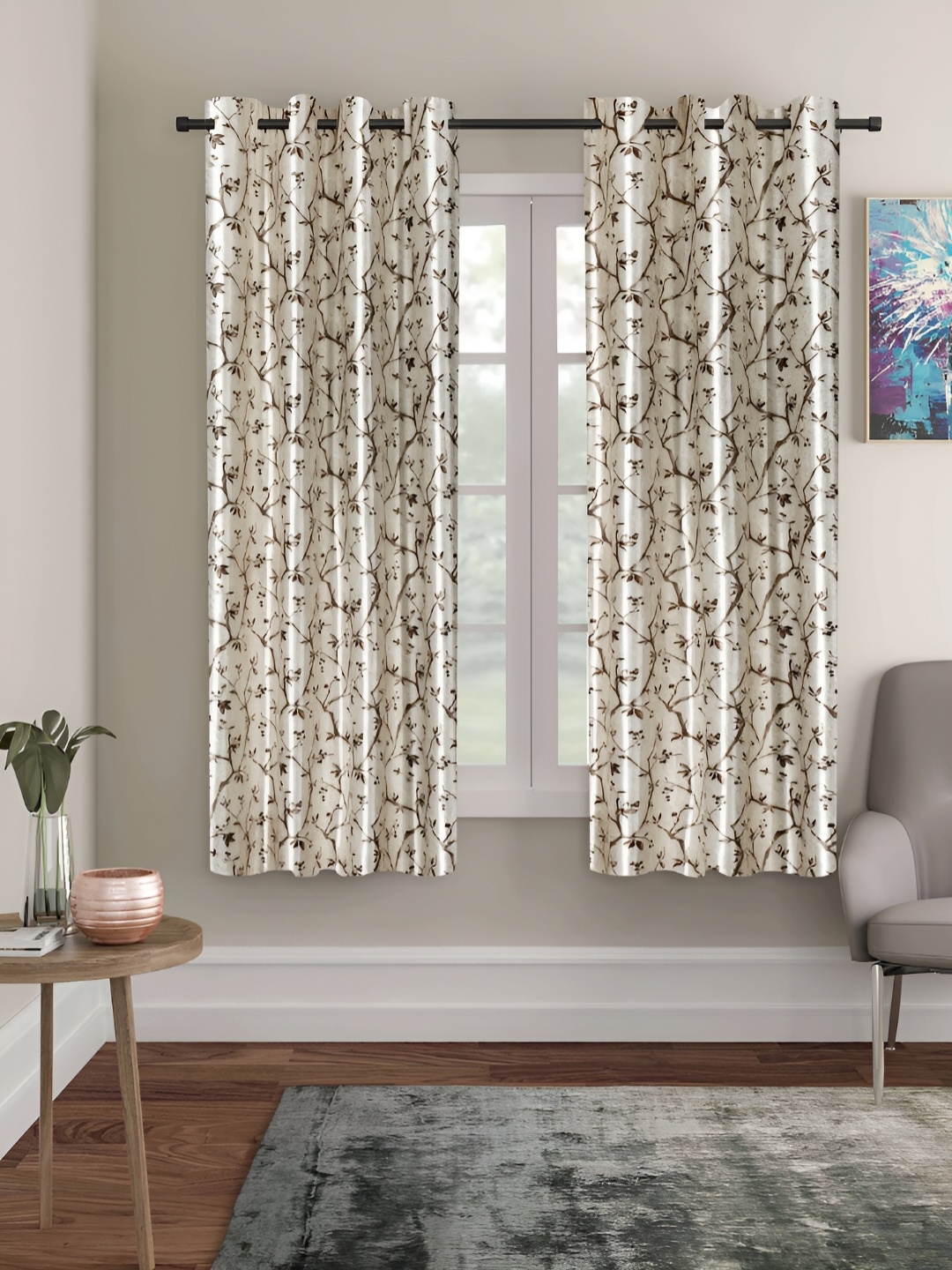 

ERIC LONDON Beige & Brown 2 Pieces Floral Printed Room Darkening Window Curtains