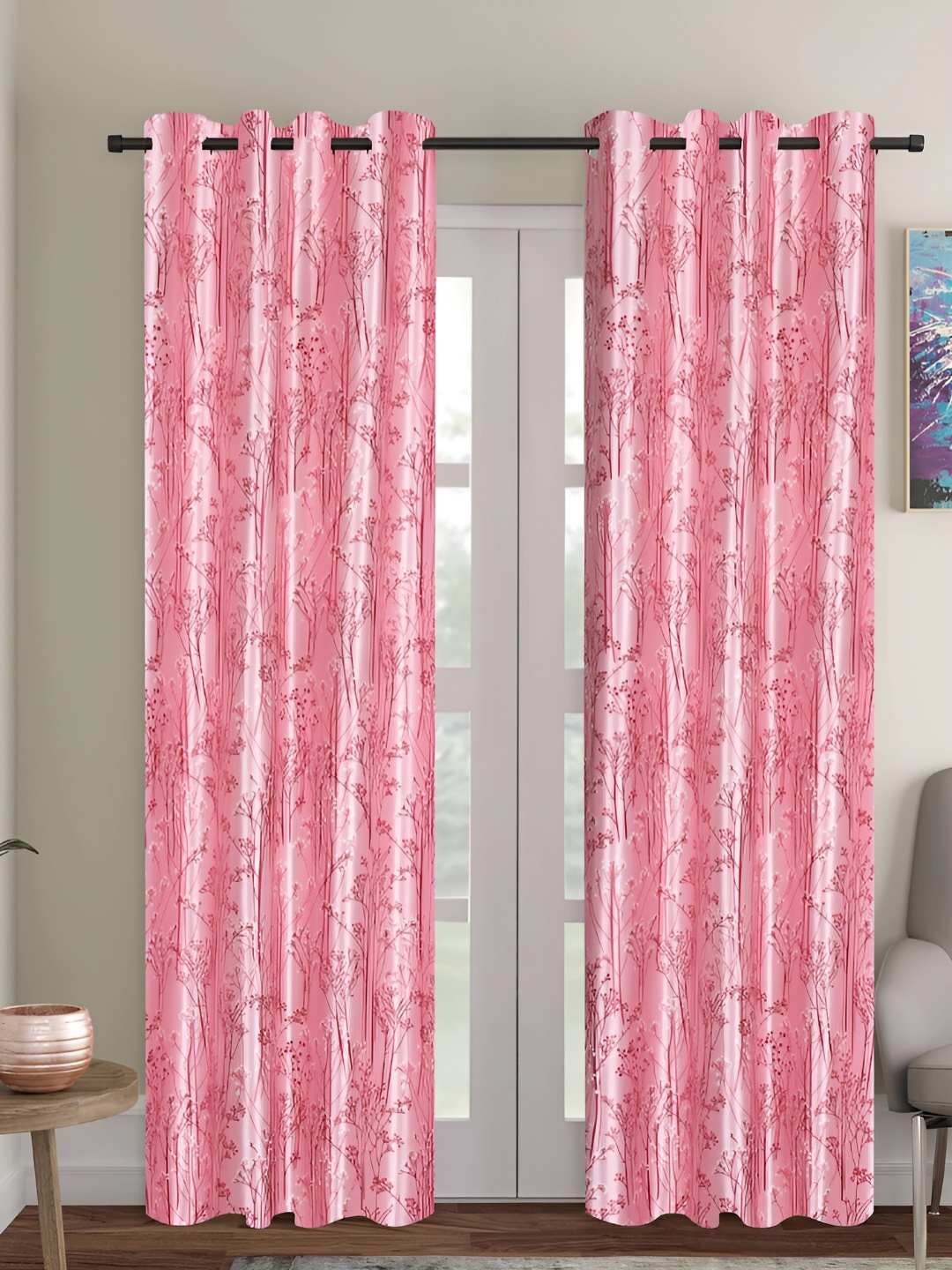 

ERIC LONDON Pink,Red & White 2 Pieces Floral Printed Room Darkening Door Curtains