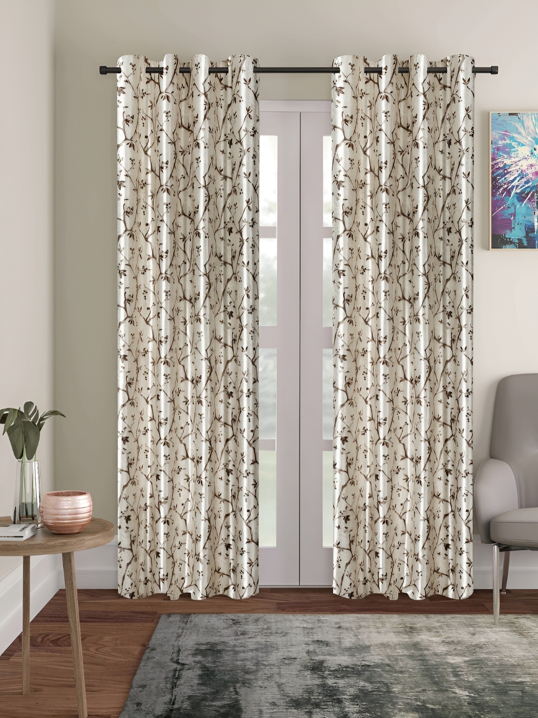 

ERIC LONDON Cream & Brown 2 Pieces Floral Printed Room Darkening Long Door Curtains