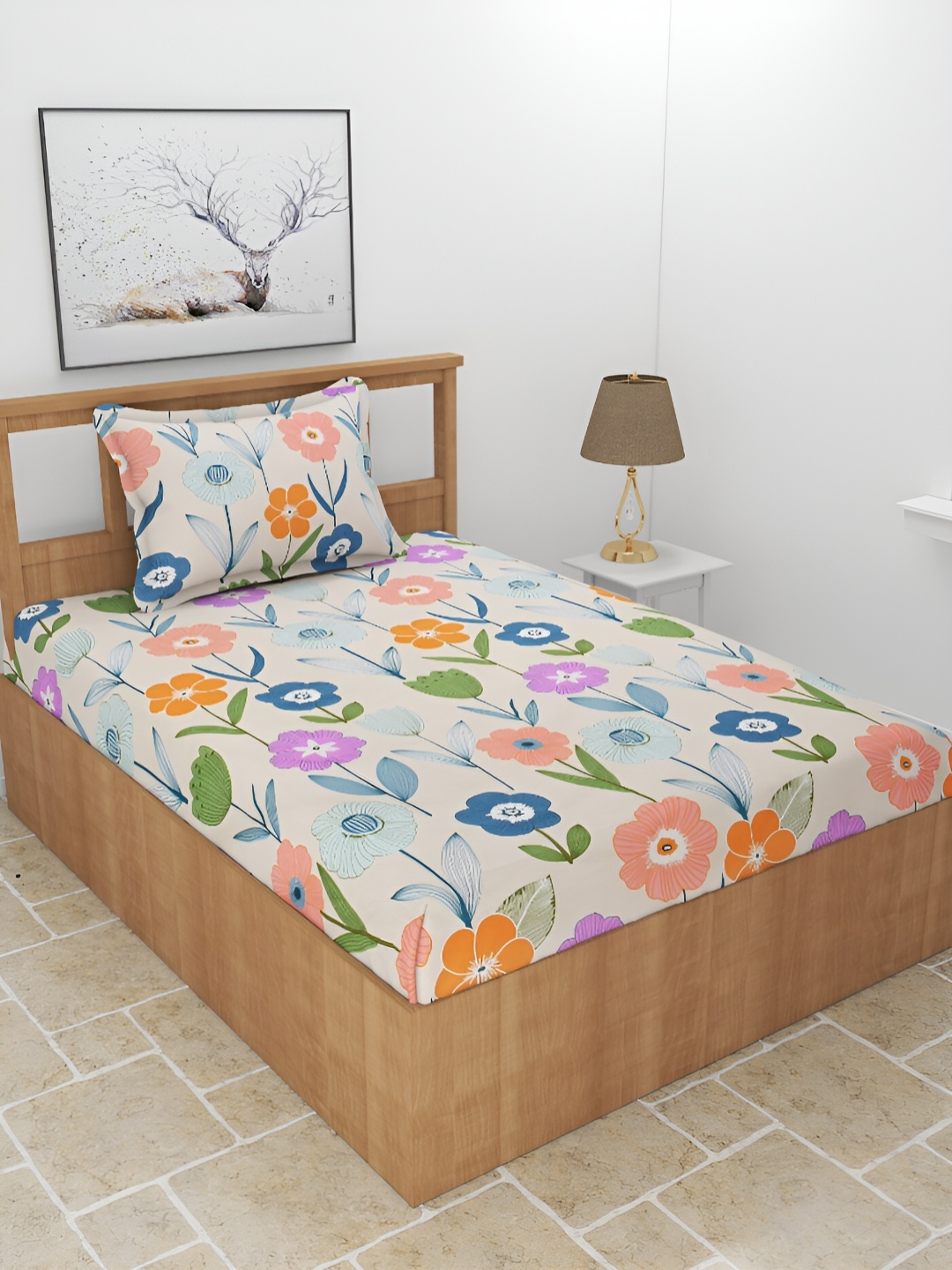 

BREVARD Off White Floral Printed 180 TC Single Bedsheet With 1 Pillow Cover