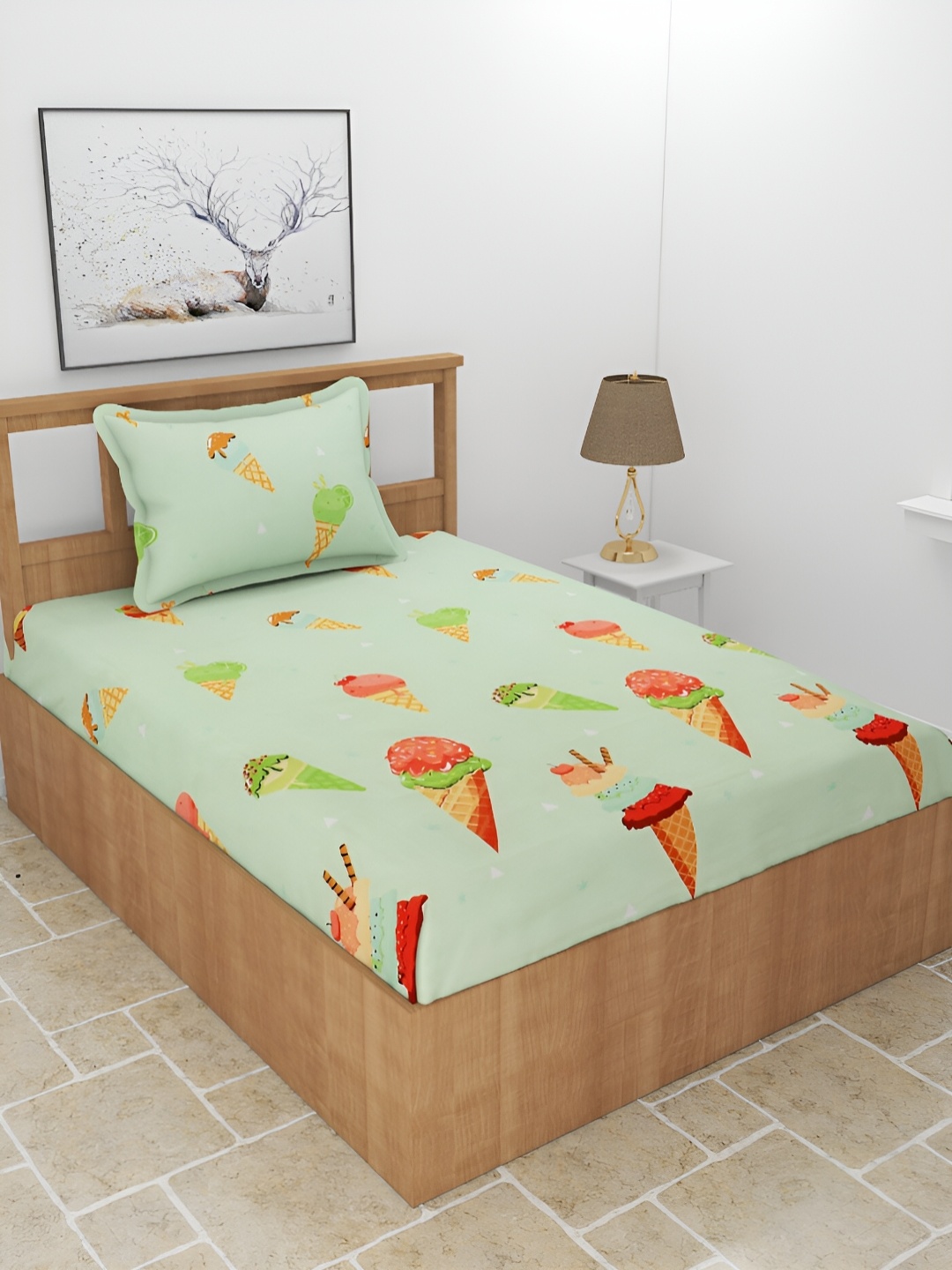 

BREVARD Green Conversational Printed 180 TC Single Bedsheet With 1 Pillow Cover