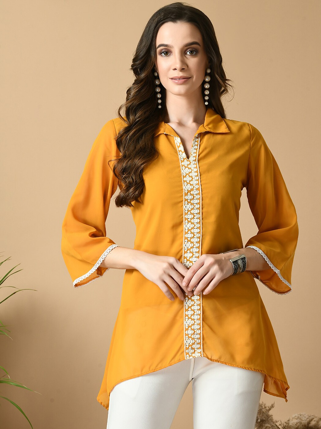 

Sangria Embroidered Shirt Collar High Low Tunic, Mustard