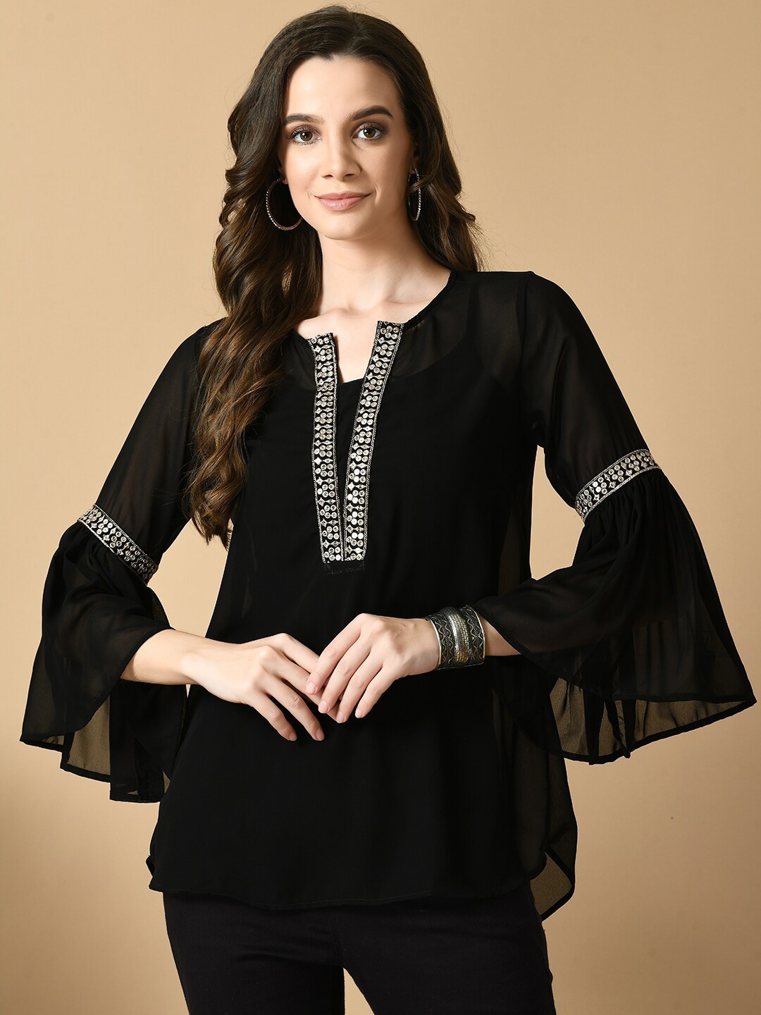 

Sangria Embroidered Bell Sleeve A-Line Top, Black