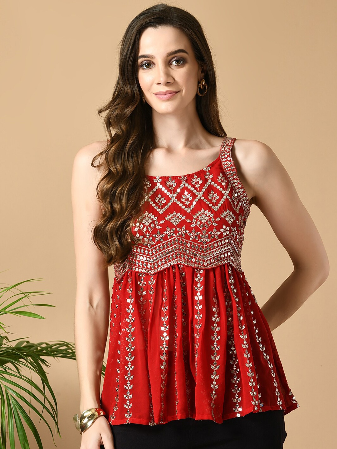 

Sangria Ethnic Motifs Embroidered Empire Fusion Top, Red