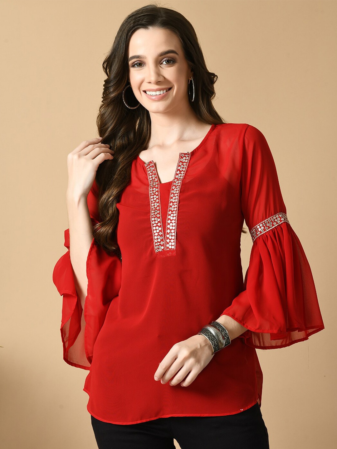 

Sangria Embroidered Bell Sleeves Georgette Top, Red