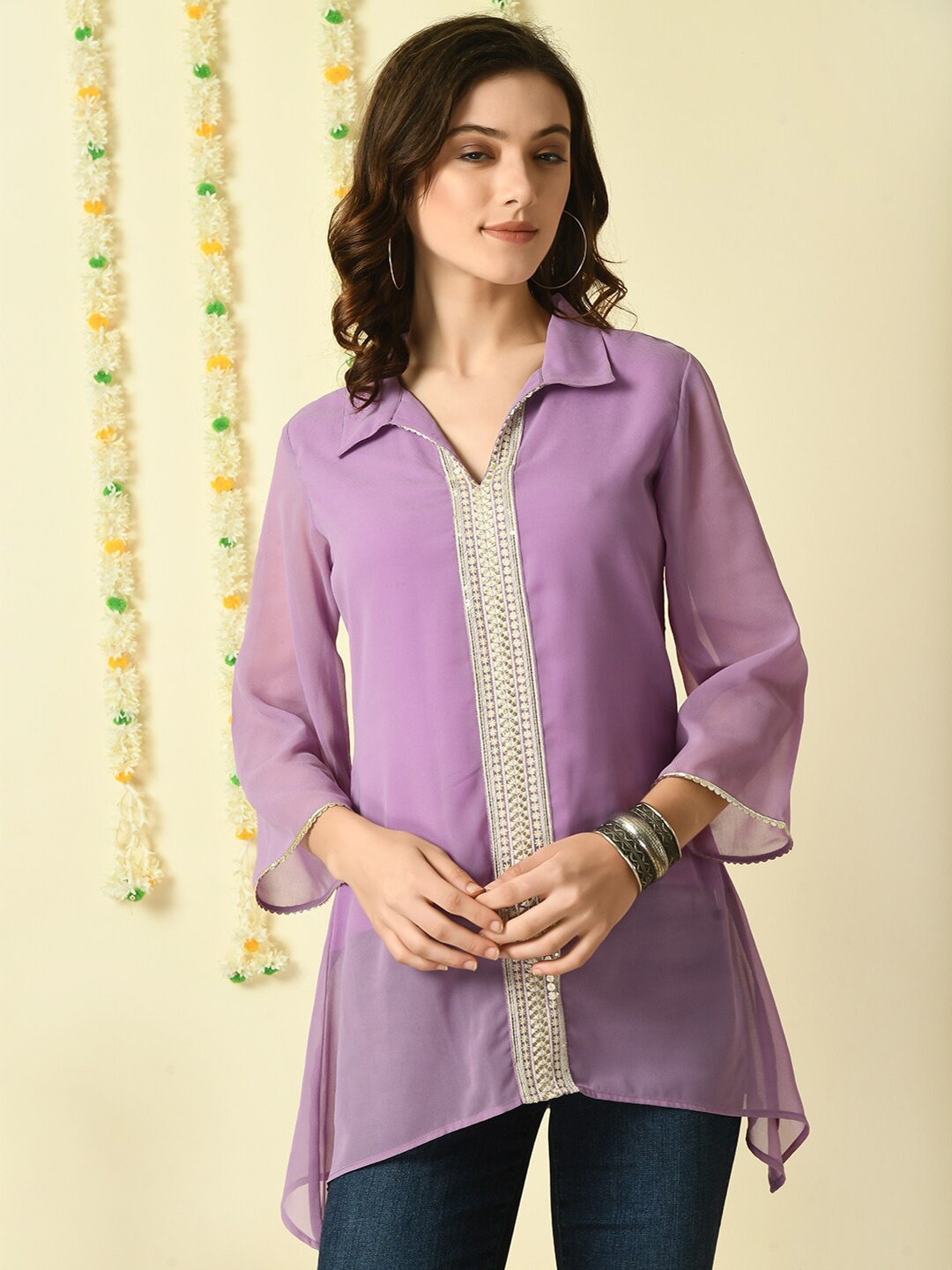 

Myshka Shirt Collar Embroidered Georgette Regular Top, Purple